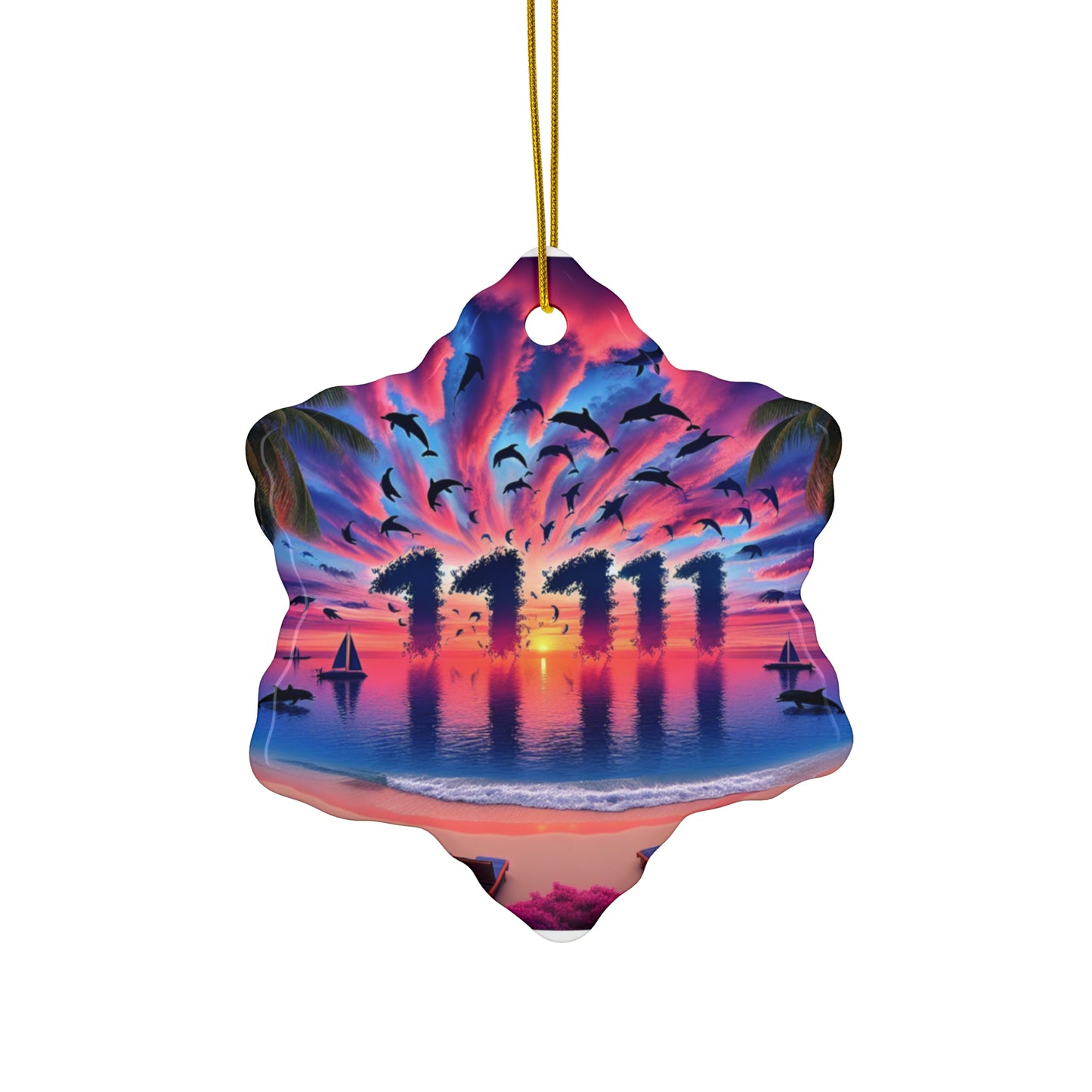 Ceramic Ornament Star, Heart, Snowflake or Circle 1111 "Serenity Sands: A Tropical Sundown Symphony" - Tropical Beach Sunset with Palm Trees, Dolphins, and Sailboats