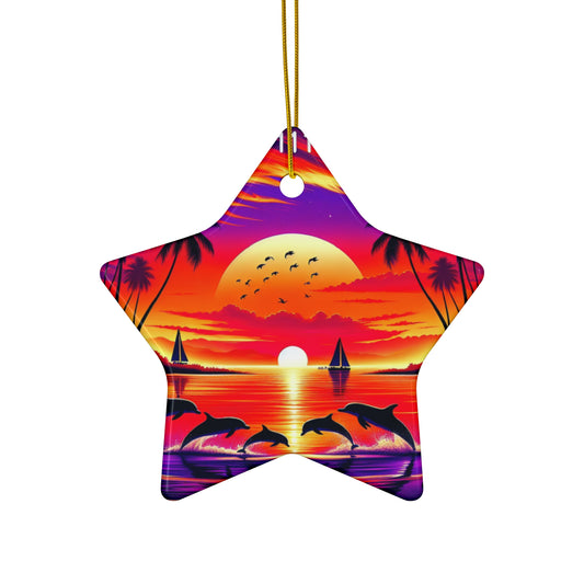 Ceramic Ornament Star, Heart, Snowflake or Circle 1111 "Paradise Dusk: An Exotic Beach Sunset Symphony" - Tropical Beach Sunset with Palm Trees, Dolphins, and Sailboats