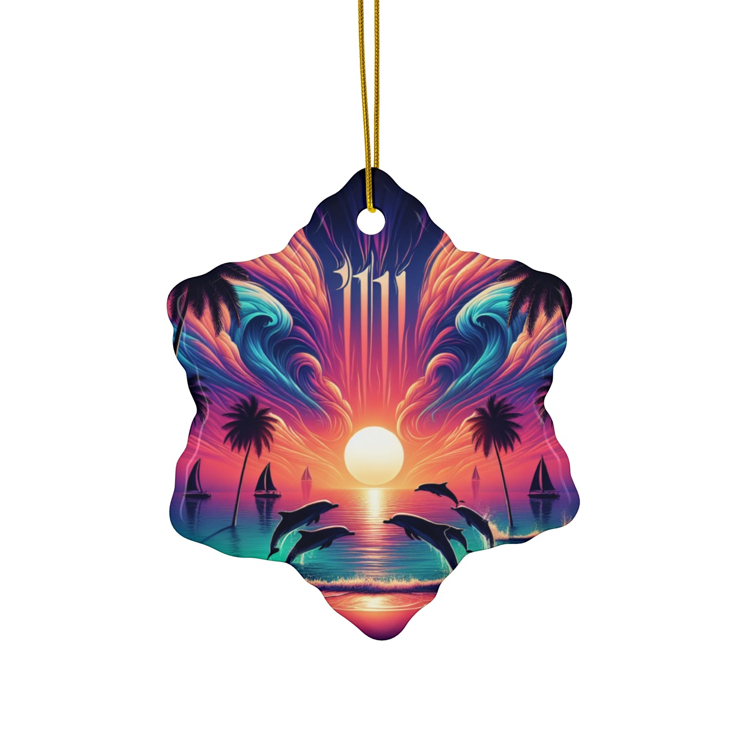 Ceramic Ornament Star, Heart, Snowflake or Circle 1111 "Paradise Dusk: A Tropical Serenade" - Tropical Beach Sunset with Palm Trees, Dolphins, and Sailboats