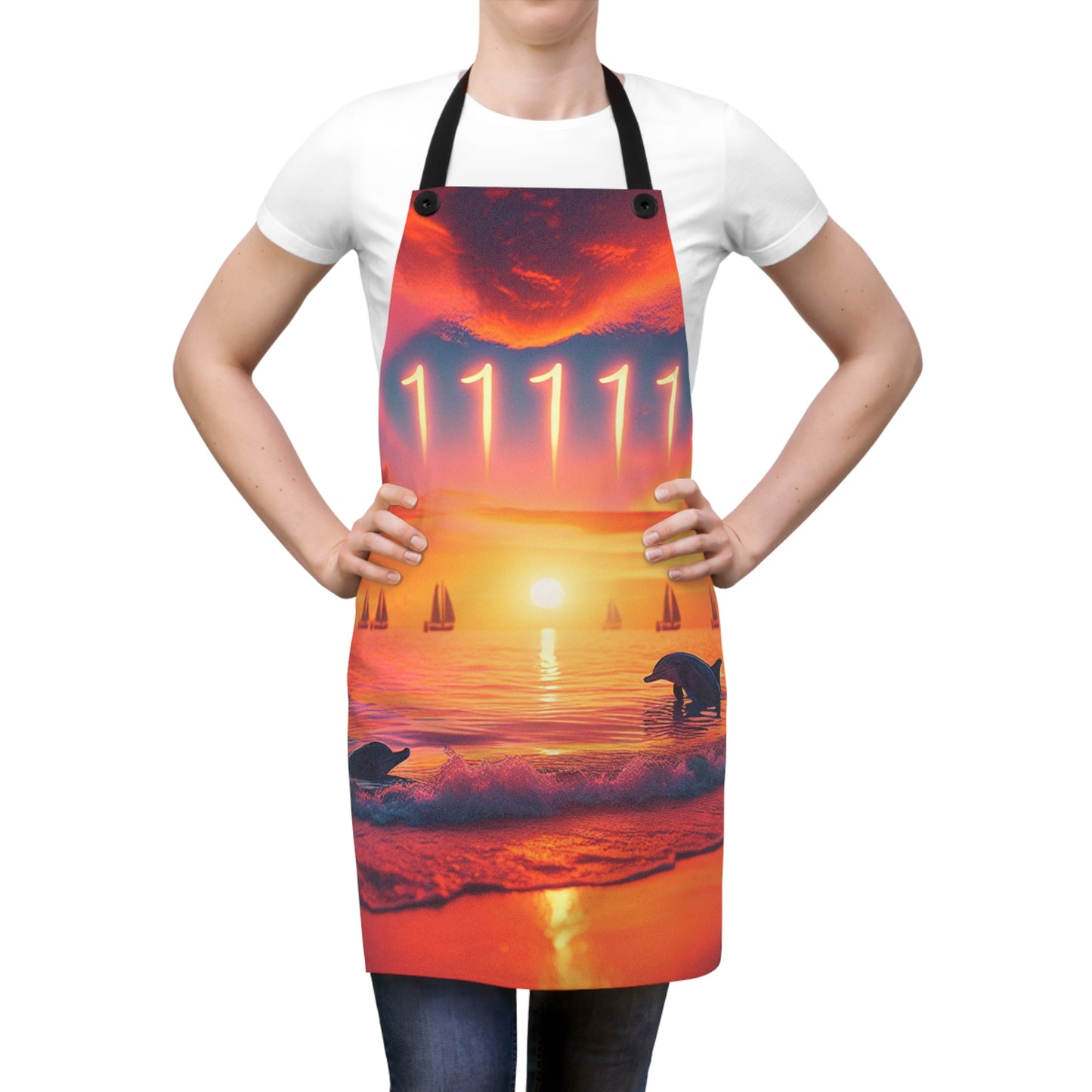 Tropical Beach Sunset Apron with Angel Number 1111, Dolphins, Sailboats, Palm Trees, Positive Mindset Reminder, Visualize Goals, Affirm