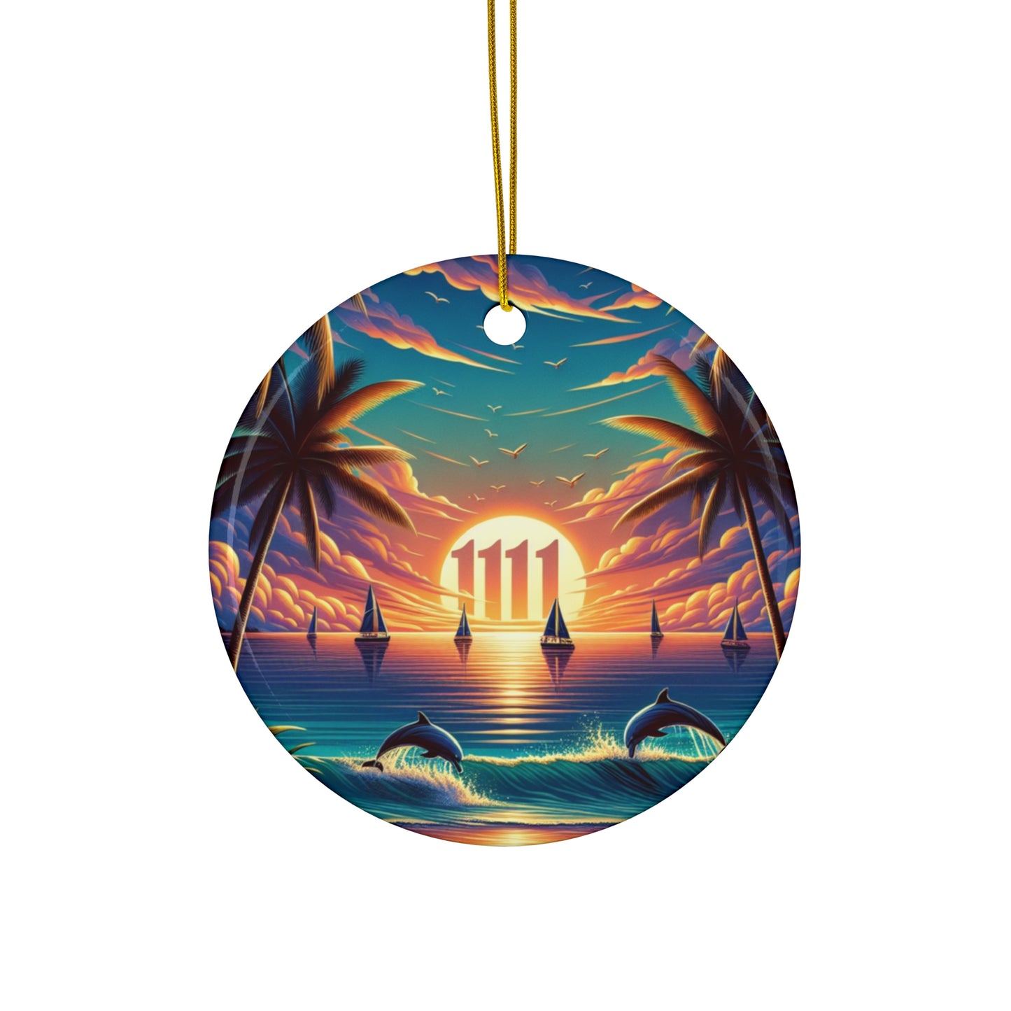 Ceramic Ornament Star, Heart, Snowflake or Circle 1111 "Paradise Kissed: Tropical Twilight" - Tropical Beach Sunset with Palm Trees, Dolphins, and Sailboats