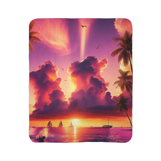 Sherpa Fleece Blanket 1111 "Divine Serenity: A Tropical 1111 Angelic Twilight Symphony" -  with Tropical Beach Sunset, Palm Trees, Dolphins, and Sailboats