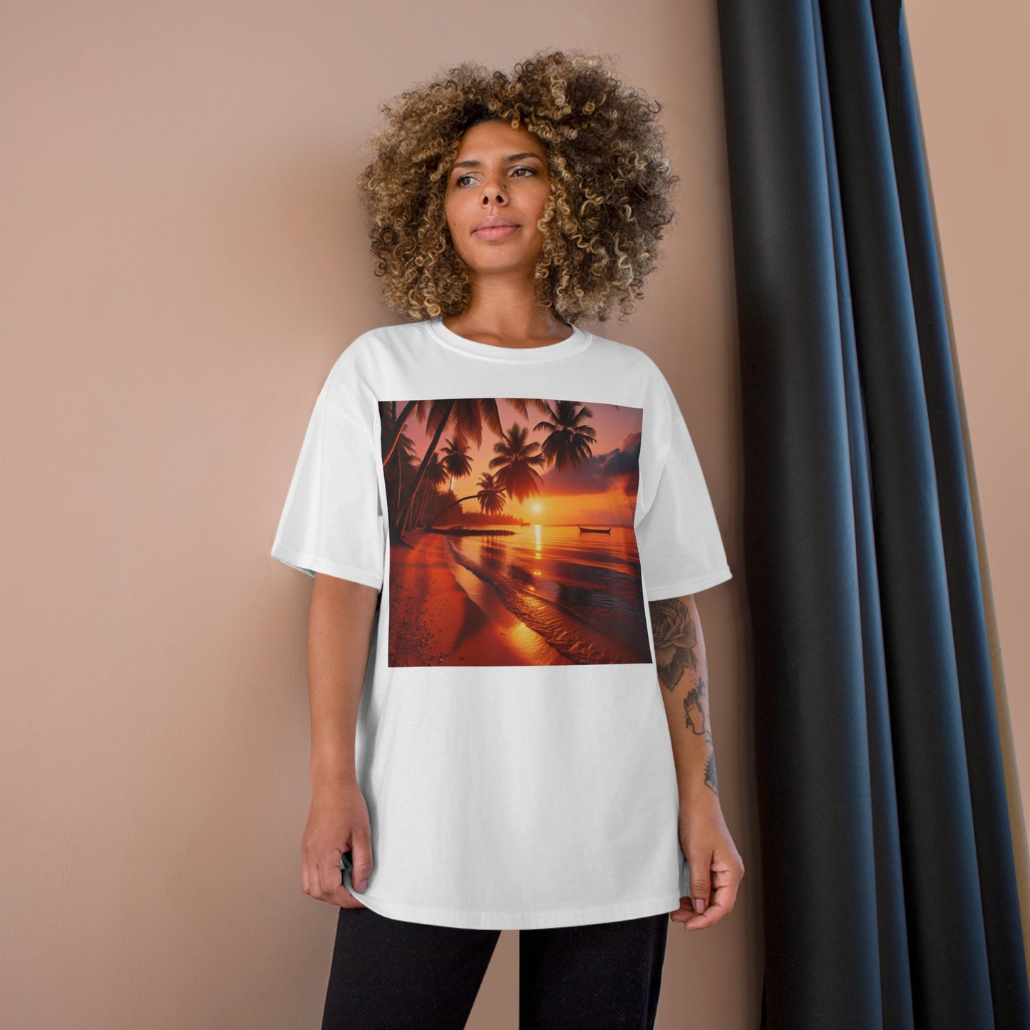 "Paradise Serenity: A Tropical Sunset Symphony" - Champion Tee Tropical Beach Sunset with Palm Trees