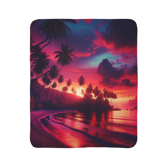 "Paradise Twilight: A Tropical Beach Symphony" - Sherpa Fleece Blanket with Tropical Beach Sunset and Palm Trees