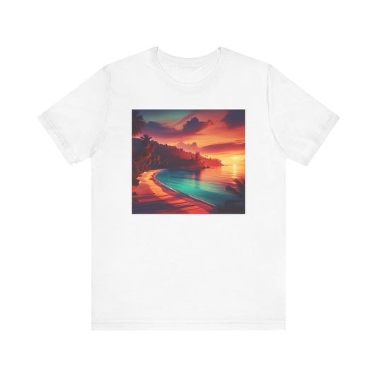 "Paradise Kissed - An Exotic Sunset Serenade" - Tropical Beach Sunset with Palm Trees Unisex Jersey Tee