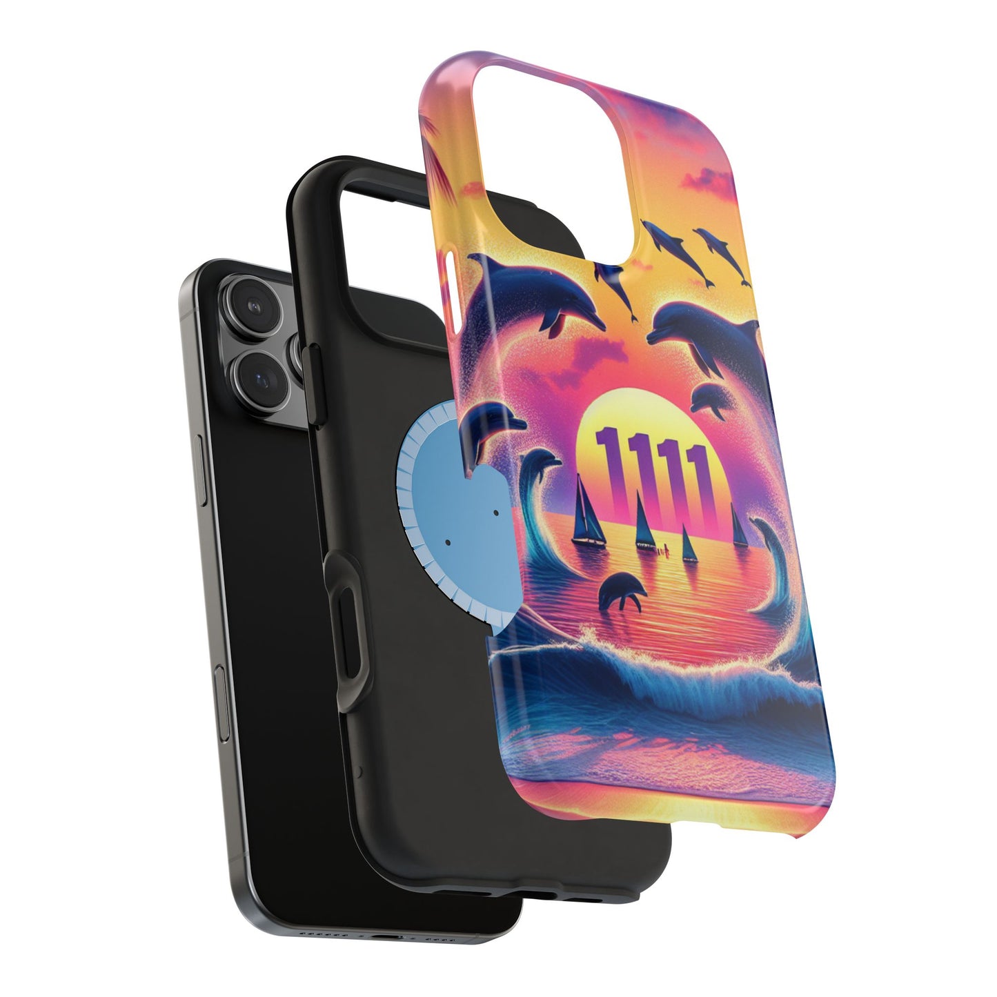 Magnetic Iphone 13-16 Pro and Max 1111 "Paradise Twilight: An Ode to Tropical Serenity" - Tough Phone Case with Tropical Beach Sunset Dolphins ande Sailboats HD Art