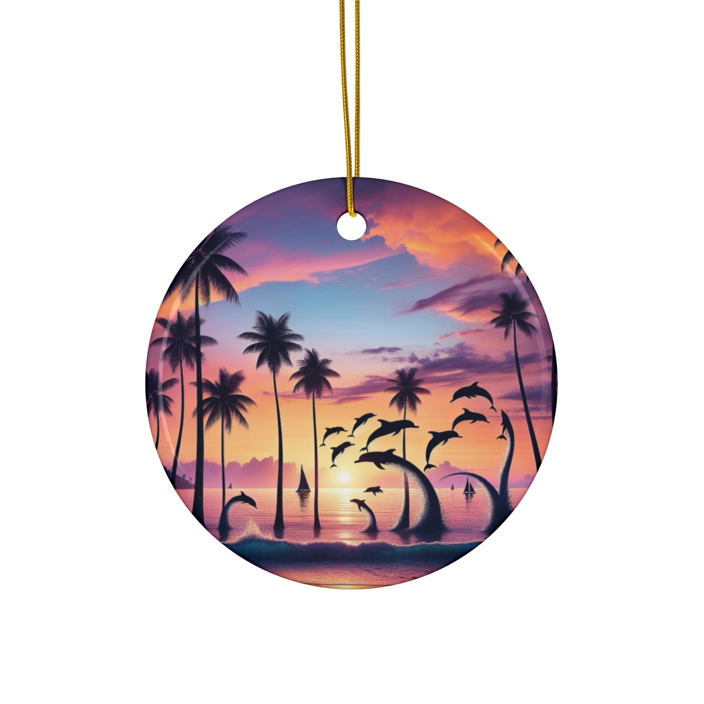 Ceramic Ornament Star, Heart, Snowflake or Circle 1111 "Paradise's Embrace: A Tropical Twilight Symphony" - Tropical Beach Sunset with Palm Trees, Dolphins, and Sailboats