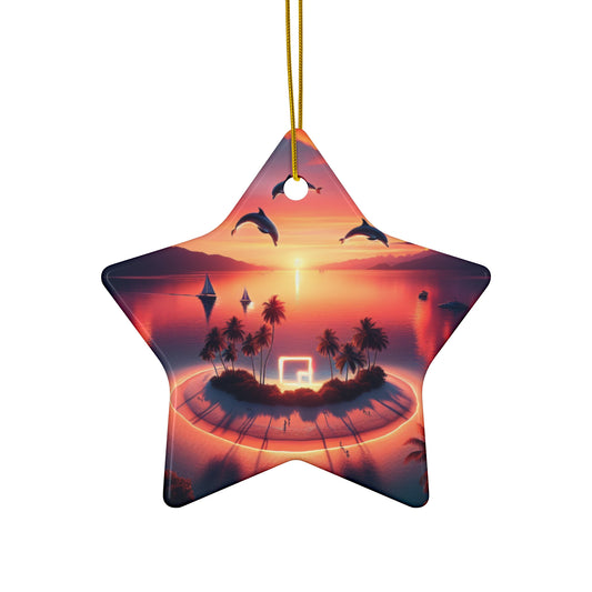 Ceramic Ornament Star, Heart, Snowflake or Circle 1111 "Paradise Twilight: A Journey Into Tropical Serenity" - Tropical Beach Sunset with Palm Trees, Dolphins, and Sailboats