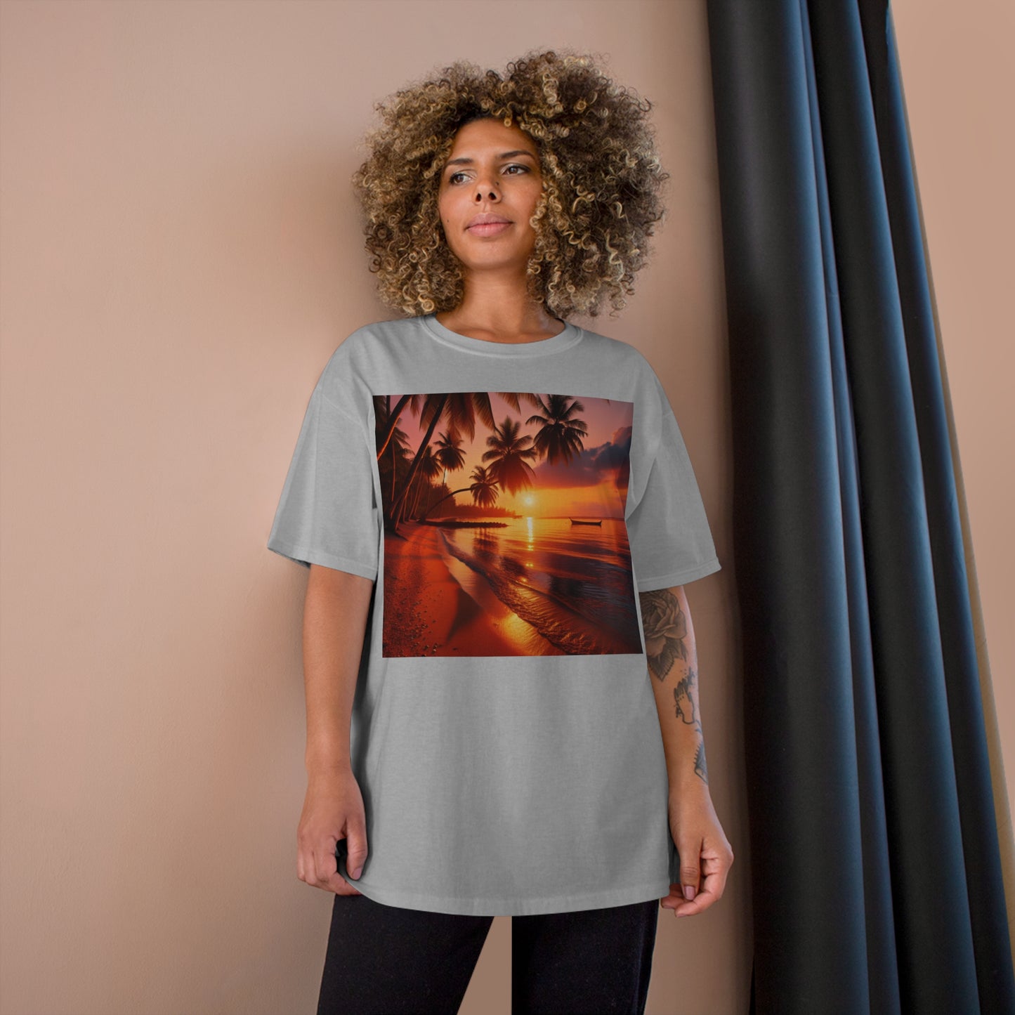 "Paradise Serenity: A Tropical Sunset Symphony" - Champion Tee Tropical Beach Sunset with Palm Trees