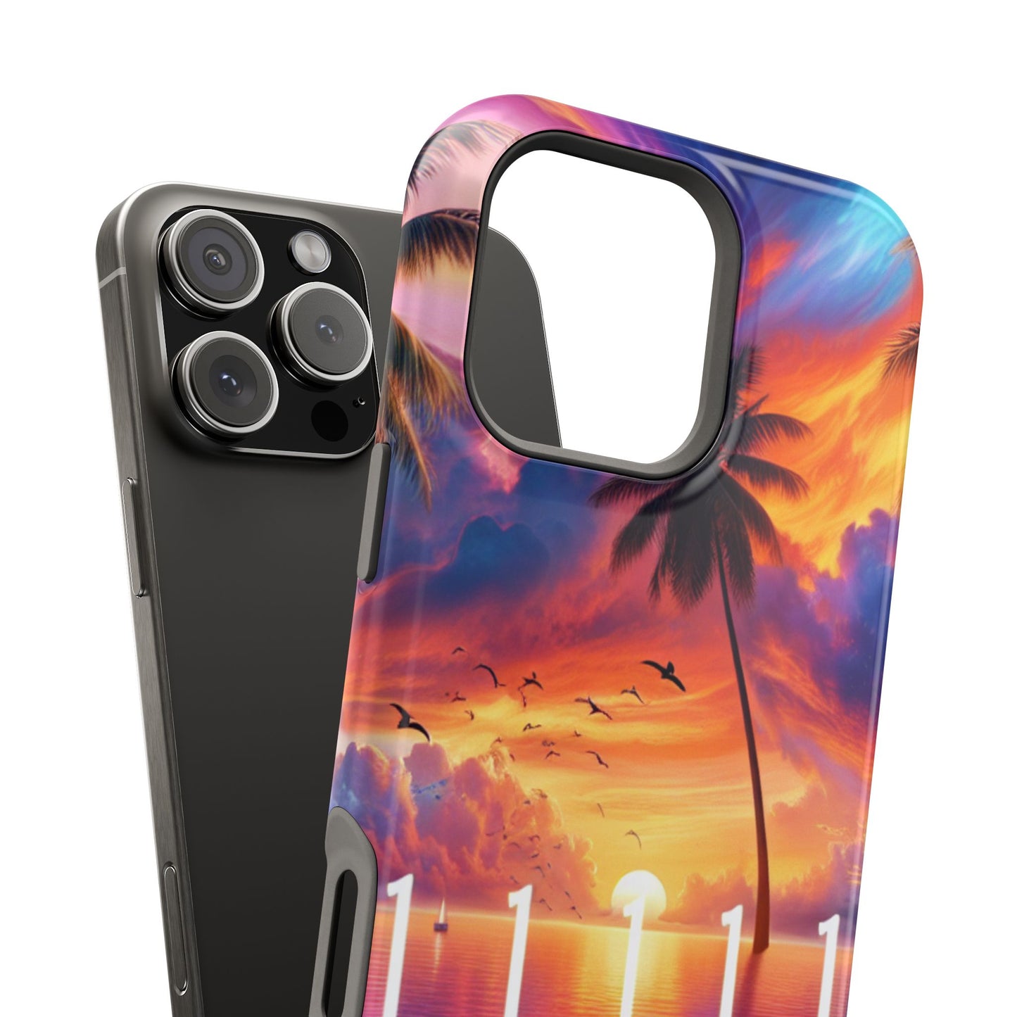 Magnetic Iphone 13-16 Pro and Max 1111 "Paradise At Dusk - A Tropical Serenity" - Tough Phone Case with Tropical Beach Sunset Dolphins ande Sailboats HD Art