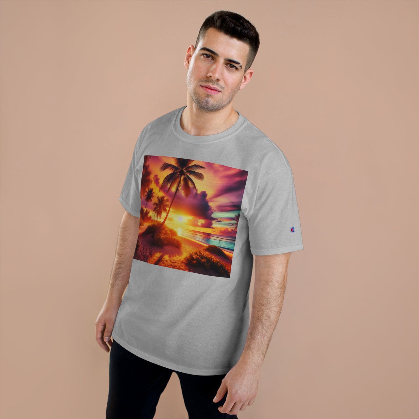 "Paradise Radiance: A Tropical Sunset Symphony" - Champion Tee Tropical Beach Sunset with Palm Trees