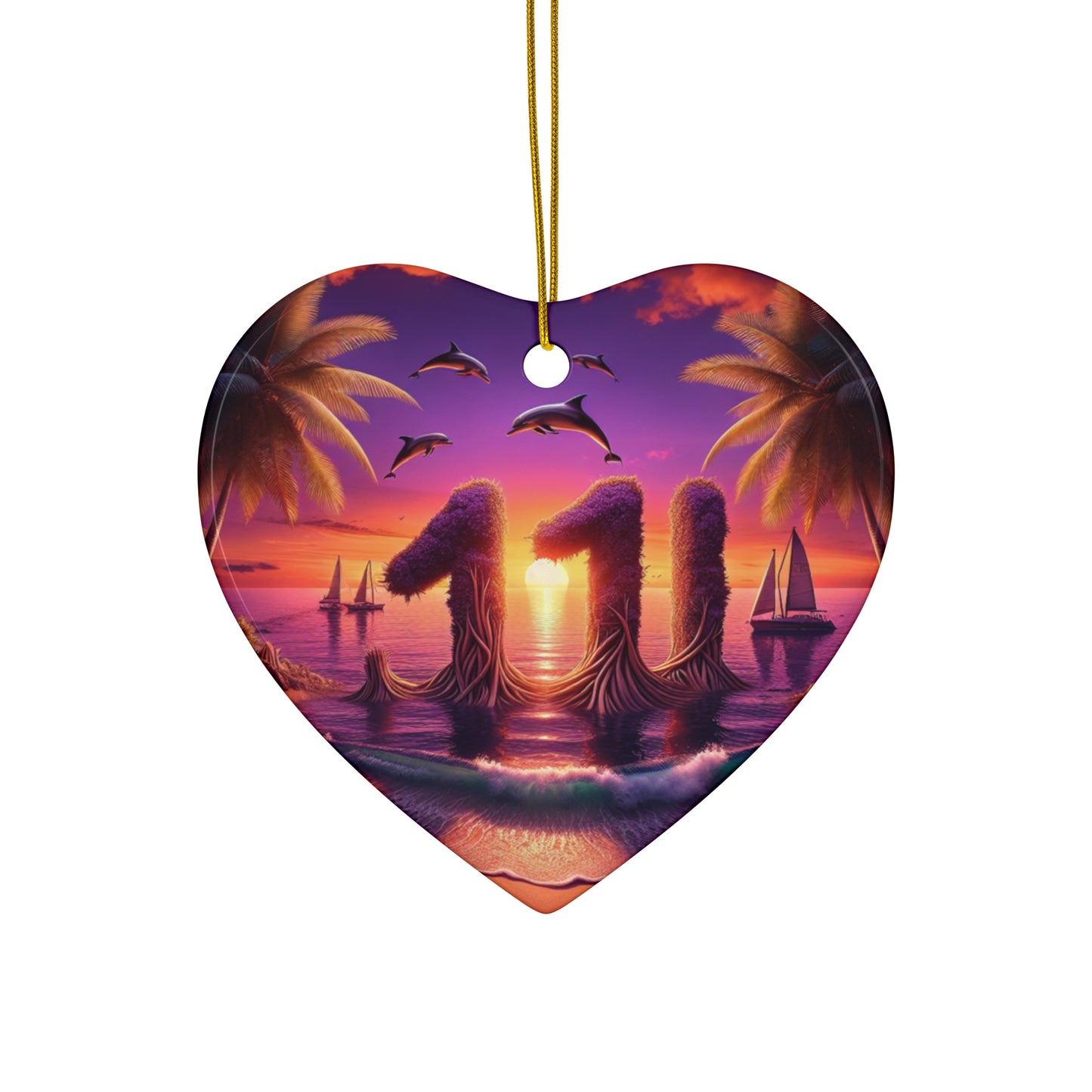 Ceramic Ornament Star, Heart, Snowflake or Circle 1111 "Paradise Pursuit: A Tropical Twilight Masterpiece" - Tropical Beach Sunset with Palm Trees, Dolphins, and Sailboats