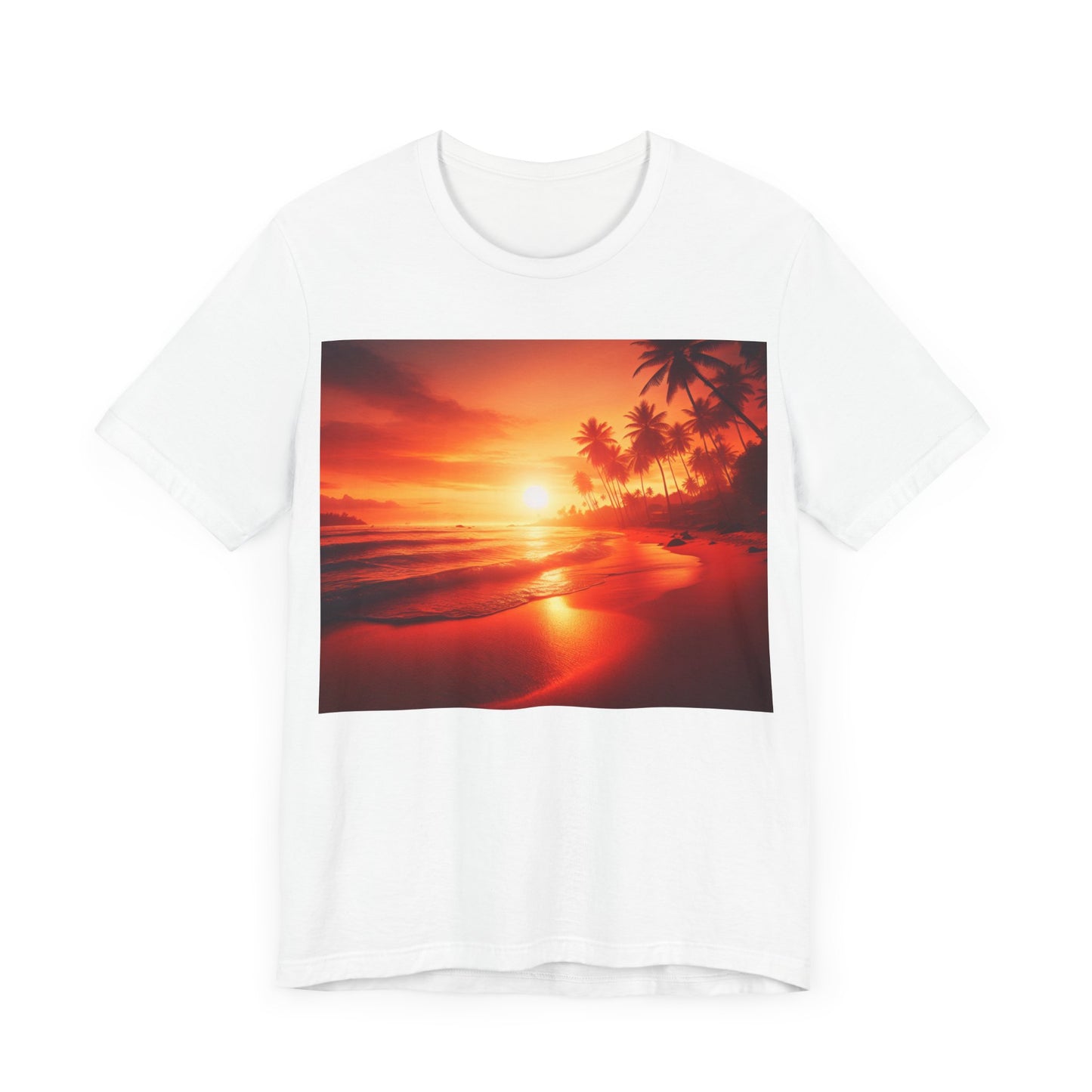 "Paradise's Palette: A Tropical Sundown Symphony" - Tropical Beach Sunset with Palm Trees Unisex Tee