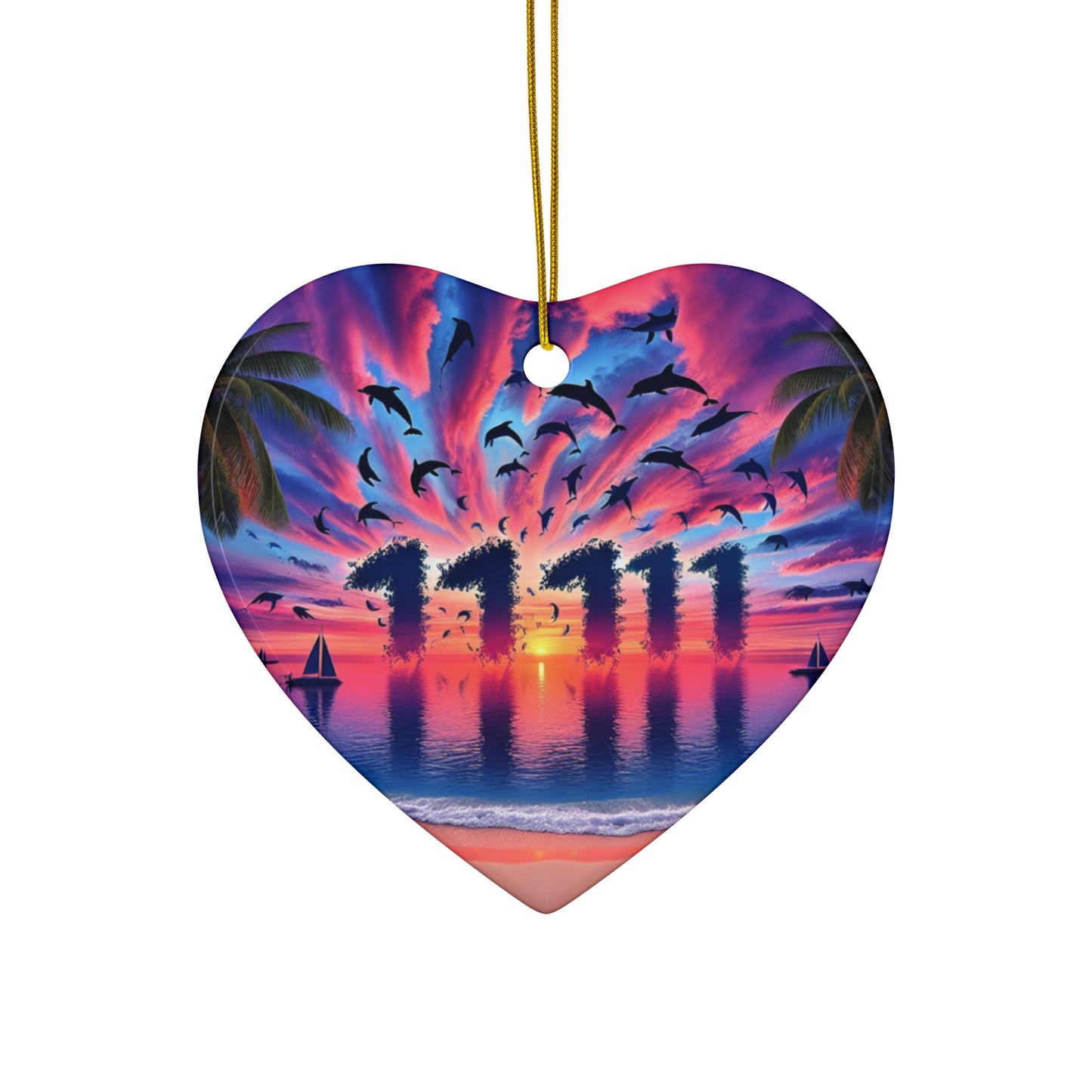 Ceramic Ornament Star, Heart, Snowflake or Circle 1111 "Serenity Sands: A Tropical Sundown Symphony" - Tropical Beach Sunset with Palm Trees, Dolphins, and Sailboats