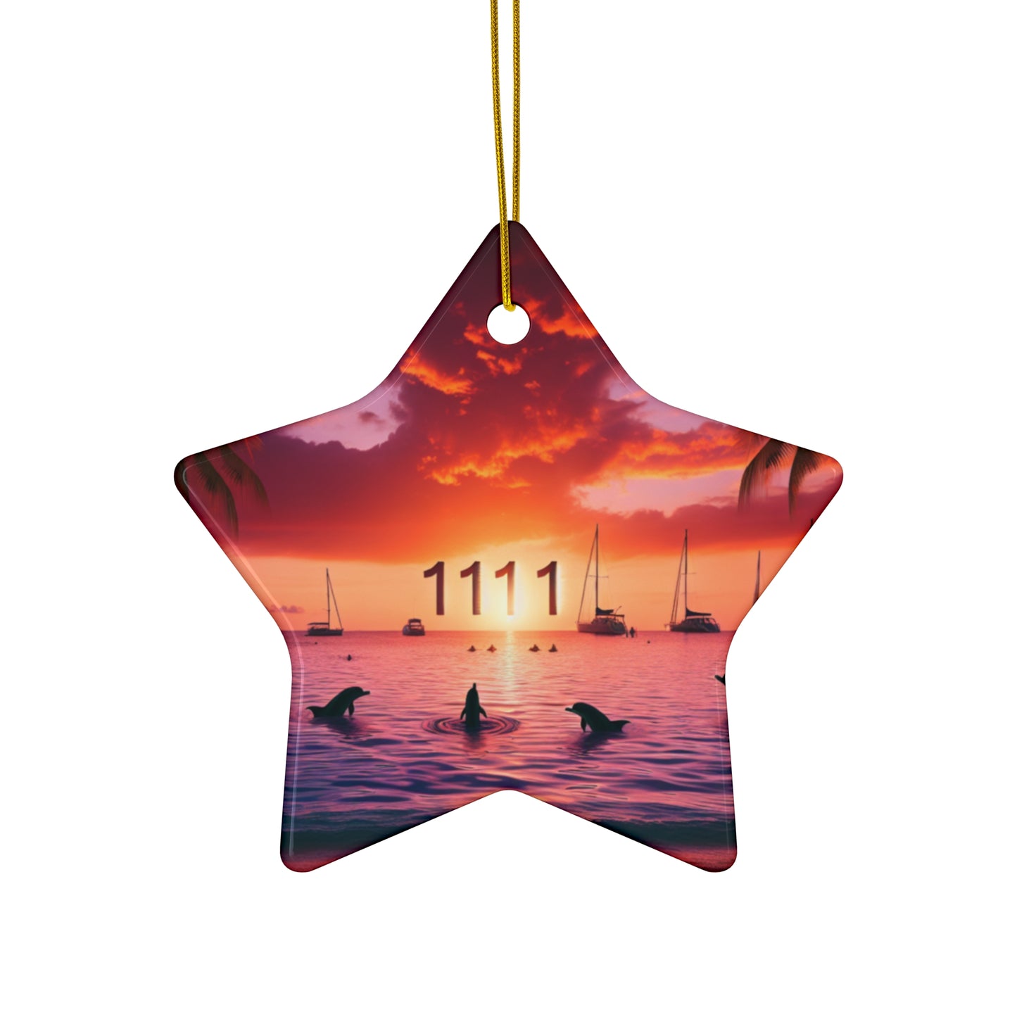 Ceramic Ornament Star, Heart, Snowflake or Circle 1111 "Tropical Serenity: A Sunset Paradise" - Tropical Beach Sunset with Palm Trees, Dolphins, and Sailboats