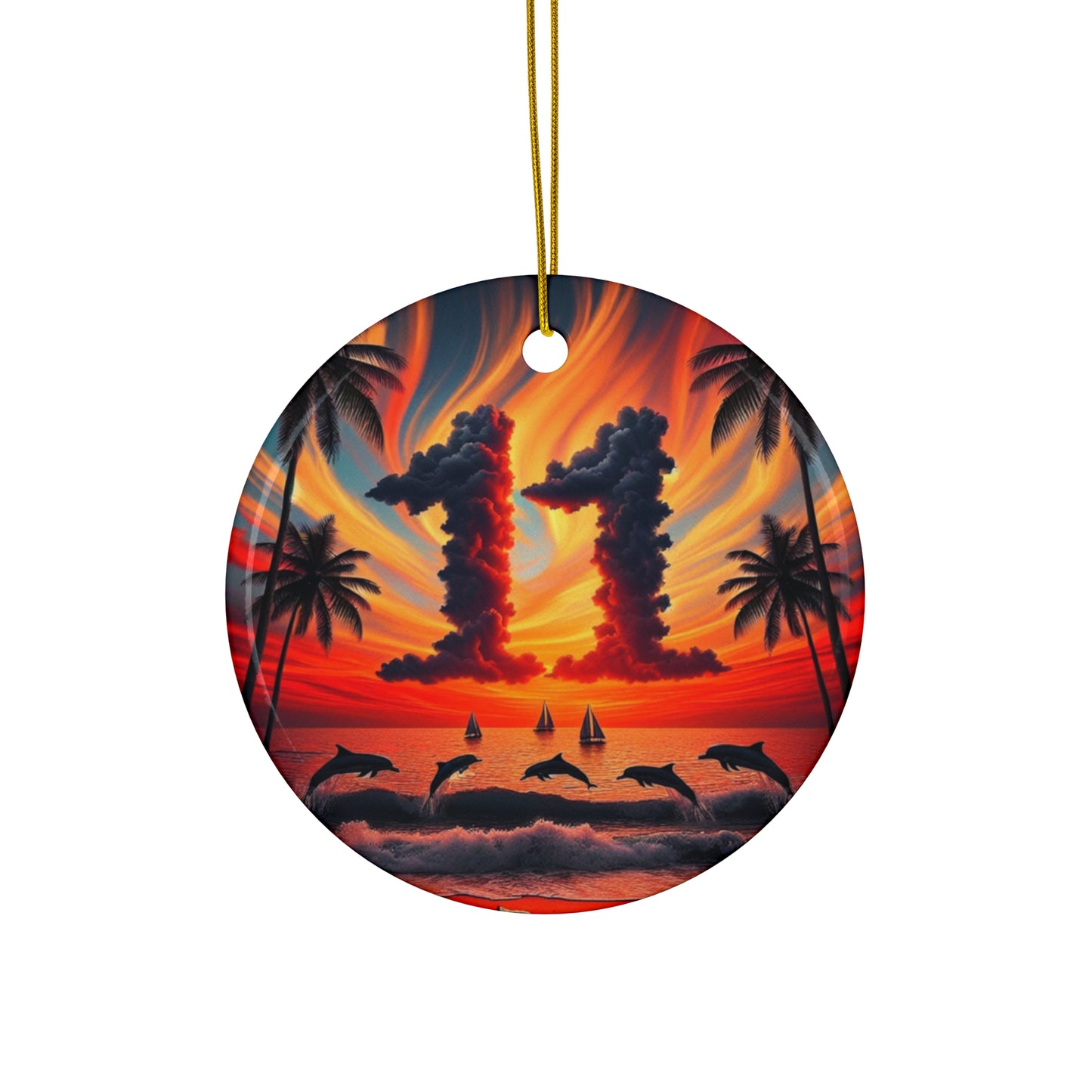 Ceramic Ornament Star, Heart, Snowflake or Circle 1111 "Paradise Twilight: Tropical Serenity's Embrace" - Tropical Beach Sunset with Palm Trees, Dolphins, and Sailboats