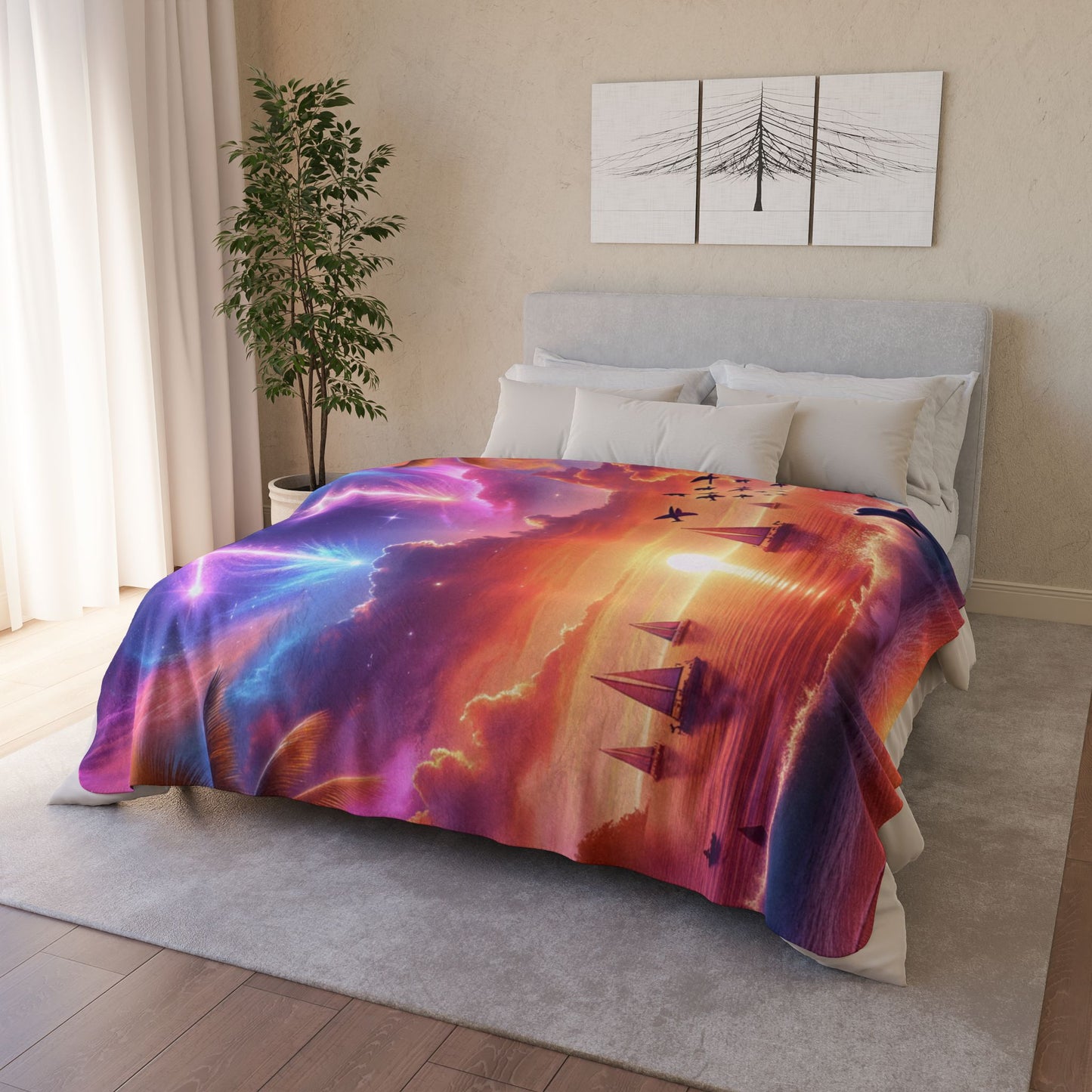 Sherpa Fleece Blanket 1111 "Serene Haven: An 1111 Angelic Sunset Symphony" -  with Tropical Beach Sunset, Palm Trees, Dolphins, and Sailboats