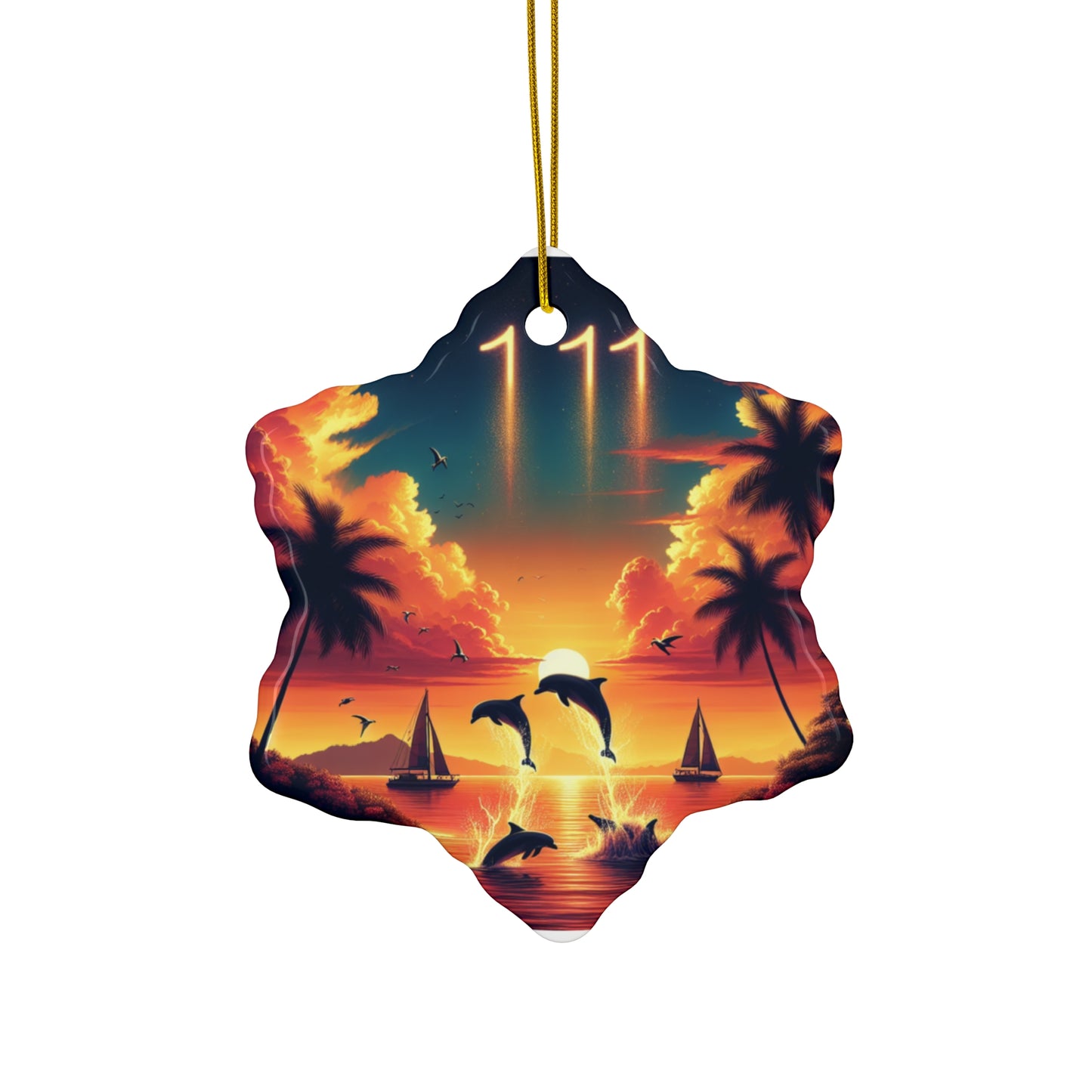 Ceramic Ornament Star, Heart, Snowflake or Circle 1111 "Serene Tropics: A Symphony of Sunset" - Tropical Beach Sunset with Palm Trees