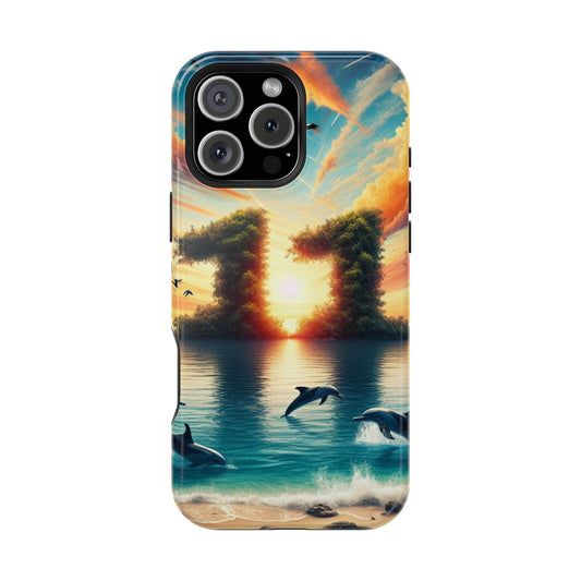 Phone Case, Tropical Beach Magnetic Tough Cases for iPhone 16 15 14 13 Pro Plus Max, Summer Vacation Palm Tree Ocean Sunset, Protective vibes