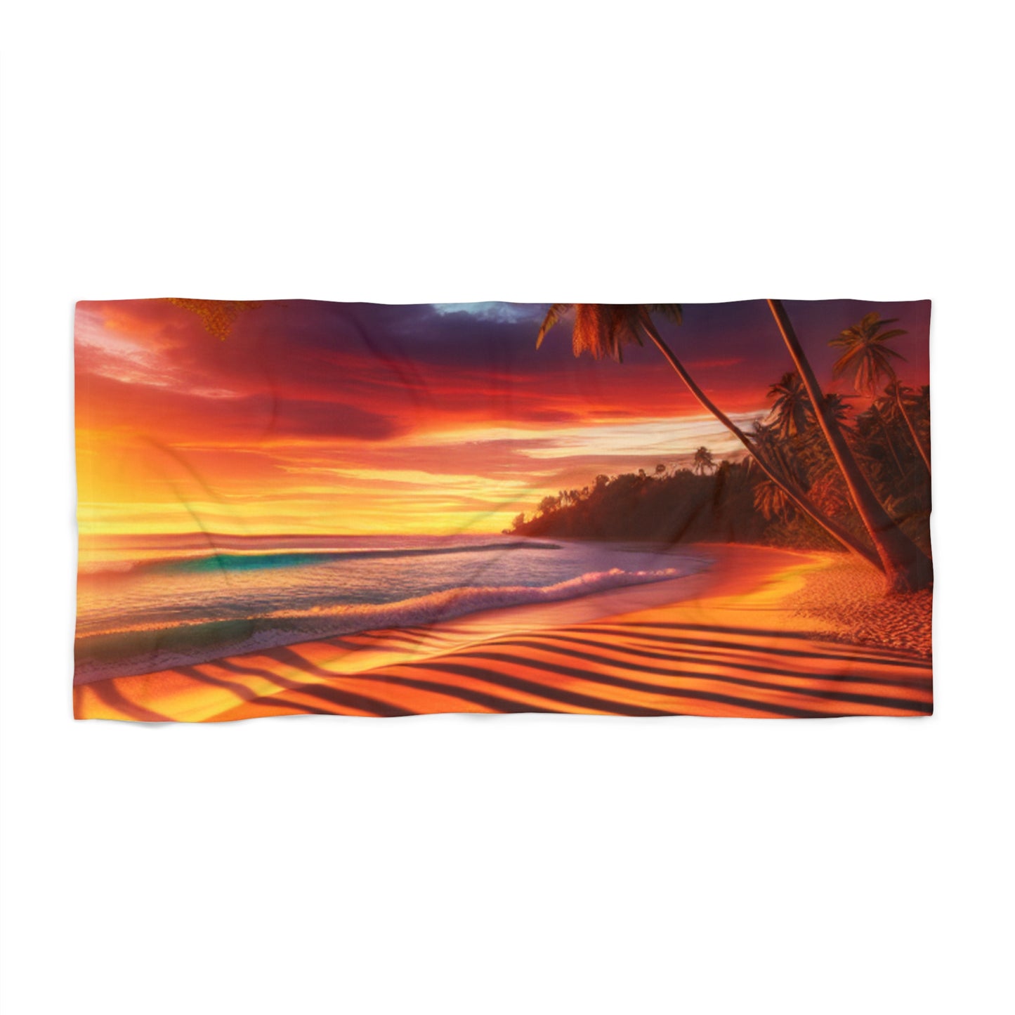 "Paradise Serenity: Tropical Sunset Symphony" - Tropical Beach Sunset with Palm Trees Beach Towel