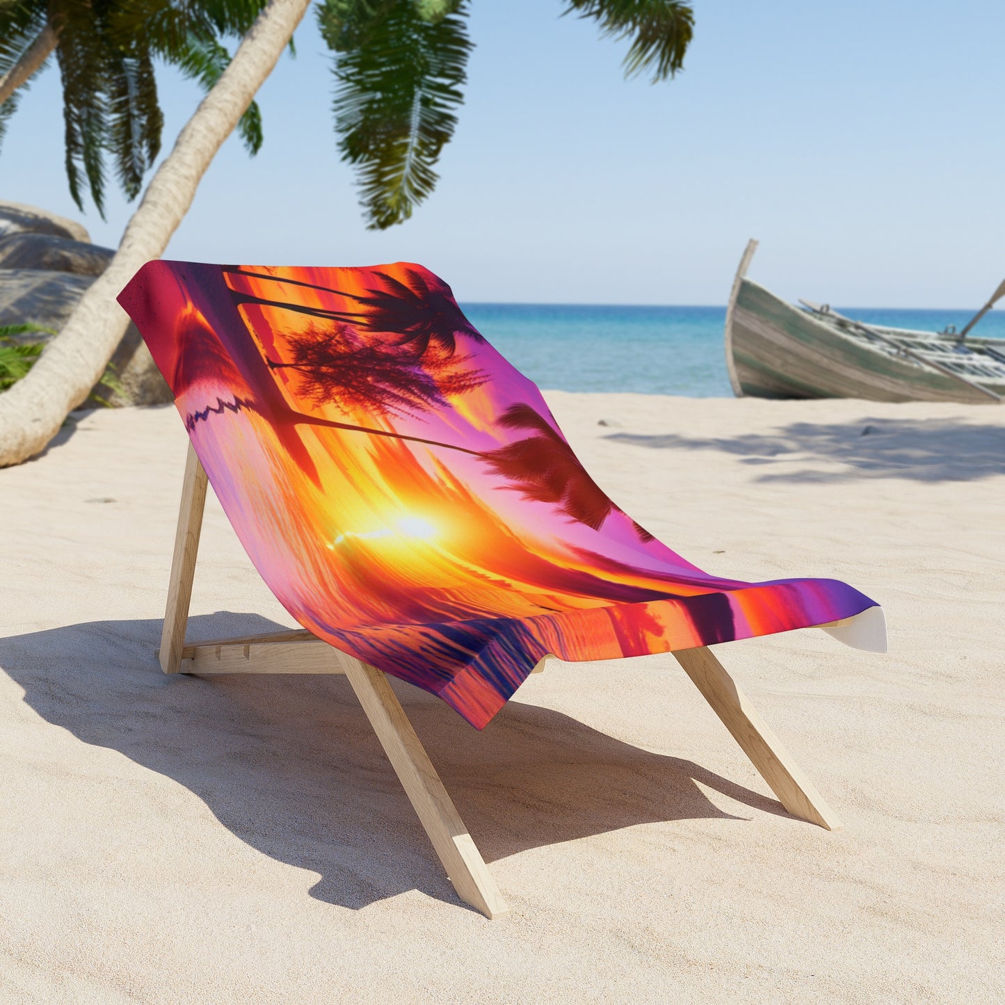 "Paradise Twilight: A Tropical Beach Symphony" - Tropical Beach Sunset with Palm Trees Beach Towel