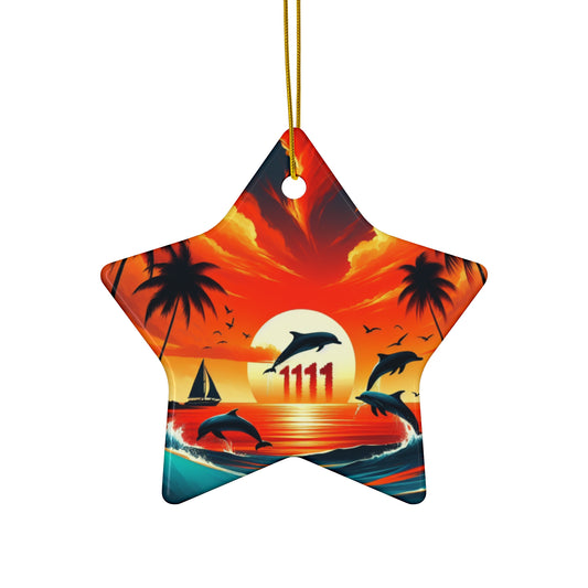 Ceramic Ornament Star, Heart, Snowflake or Circle 1111 "Serenity Sundown: The Tropical Harmony Edition" - Tropical Beach Sunset with Palm Trees, Dolphins, and Sailboats