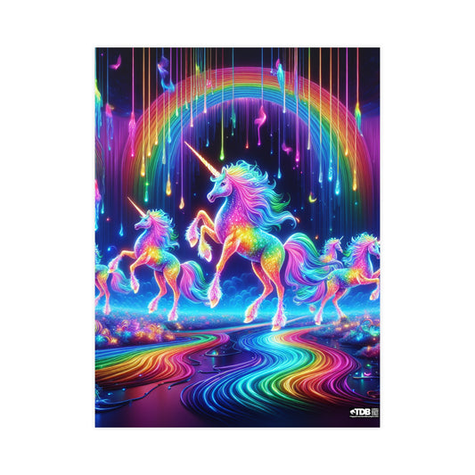 TDB Enchanting NEON Unicorns in Rainbows Vertical and Horizontal Matte Posters