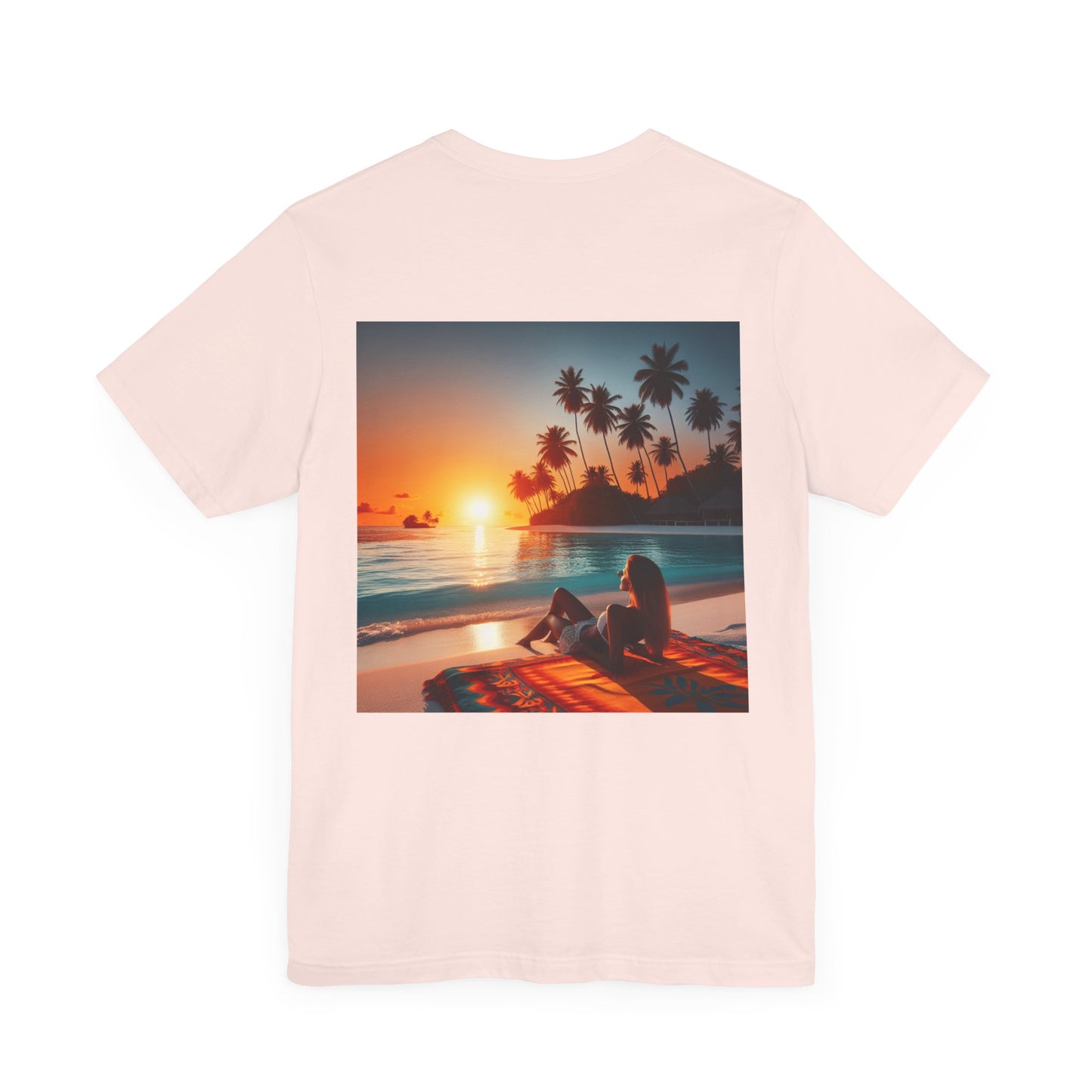 "Serene Solitude: An Exotic Sunset Symphony" - Tropical Beach Sunset with Palm Trees Unisex Jersey T-Shirt