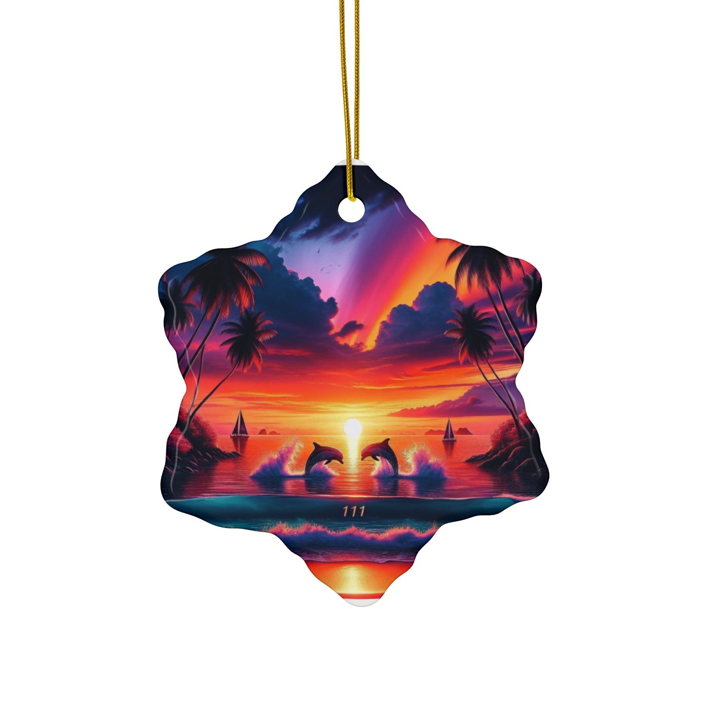 Ceramic Ornament Star, Heart, Snowflake or Circle 1111 "Paradise Bliss: An Exotic Sunset Symphony" - Tropical Beach Sunset with Palm Trees