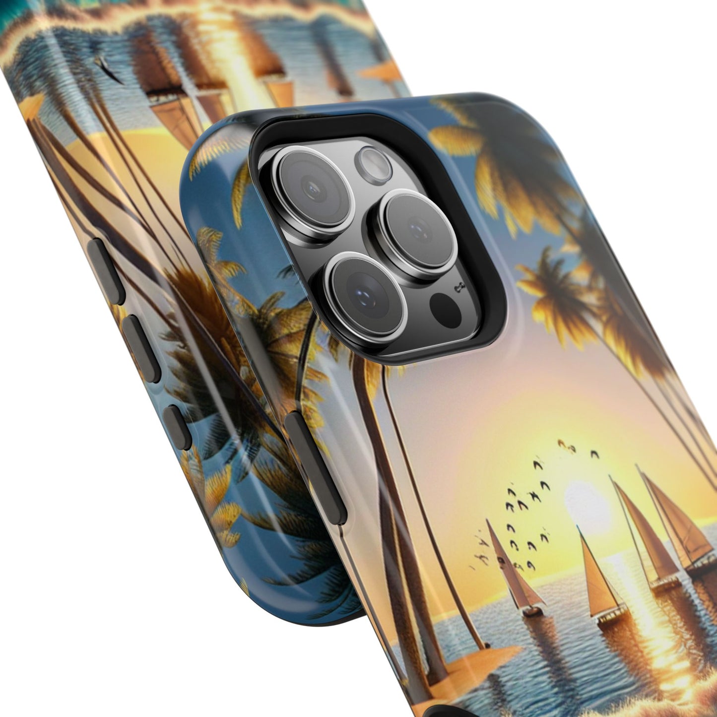 Magnetic Iphone 13-16 Pro and Max 1111 "Serene Sunset: A Tropical Paradise" - Tough Phone Case with Tropical Beach Sunset Dolphins ande Sailboats HD Art