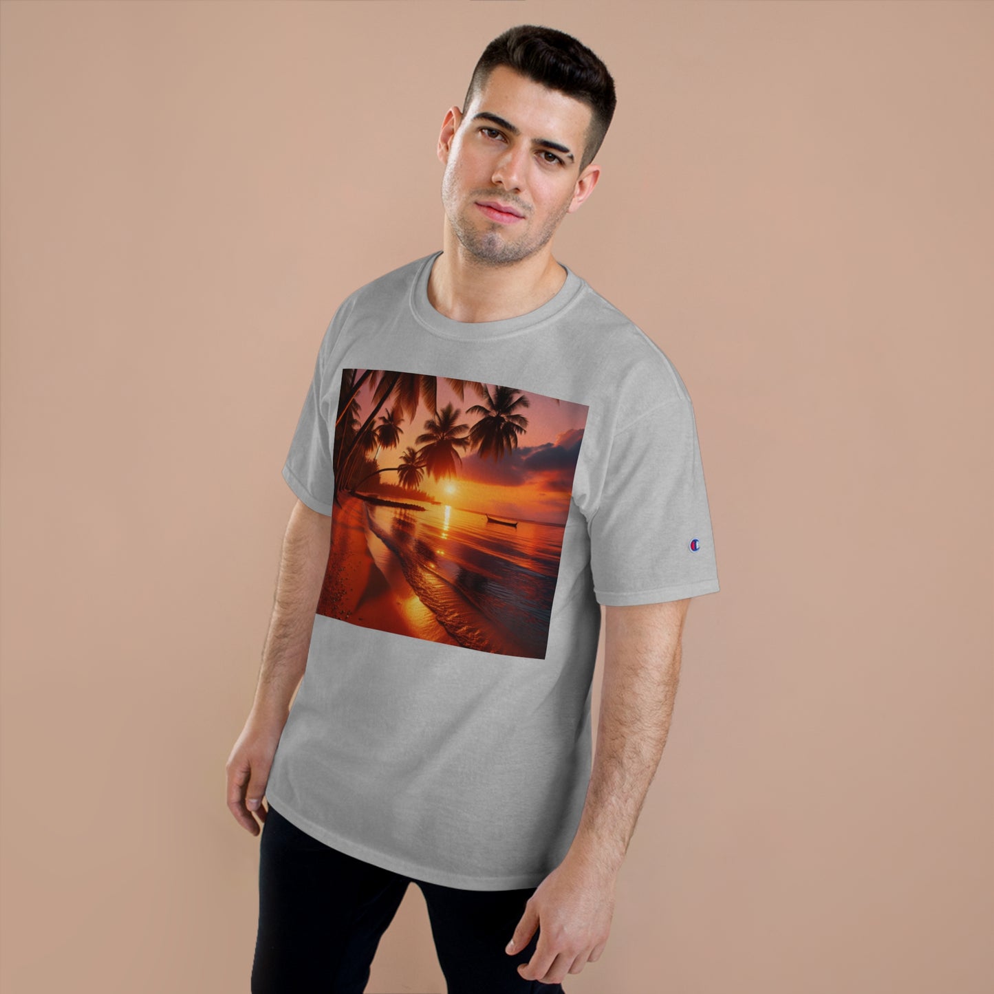 "Paradise Serenity: A Tropical Sunset Symphony" - Champion Tee Tropical Beach Sunset with Palm Trees