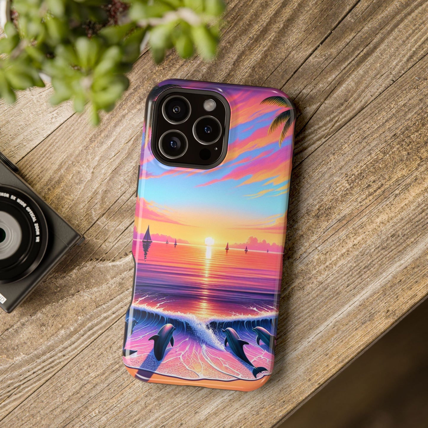 Magnetic Tough Phone case for phone 16 15 14 13 Pro Plus and Max  1111 "Paradise Serenity: A Tropical Twilight Symphony" - Tough Phone Case with Tropical Beach Sunset Dolphins ande Sailboats HD Art