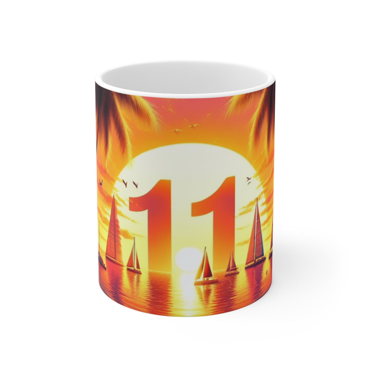 11oz Mug 1111 "Serene Sunset: An Angelic 1111 Tropical Harmony" - Tropical Beach Sunset with Palm Trees Dolphins and Sailboats