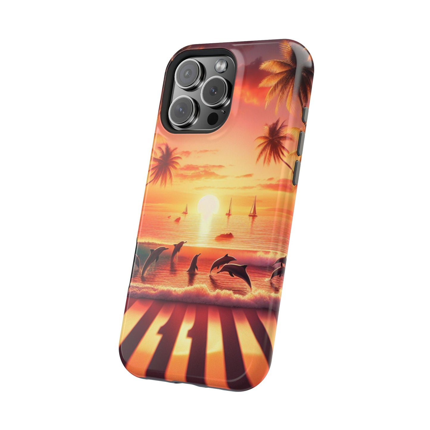 Magnetic Iphone 16 15 14 13 Pro and Max Angel number 1111 in the sand  "Serenity At Dusk: Tropical Beach Euphoria" - Tough Phone Case with Tropical Beach Sunset Dolphins ande Sailboats HD Art