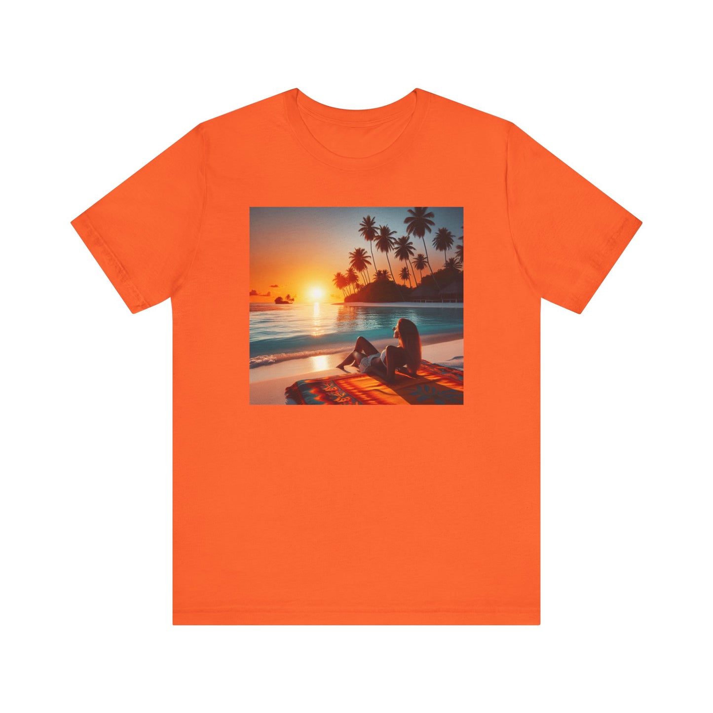 "Serene Solitude: An Exotic Sunset Symphony" - Tropical Beach Sunset with Palm Trees Unisex Jersey T-Shirt