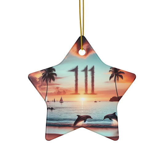 Ceramic Ornament Star, Heart, Snowflake or Circle 1111 "Paradise Twilight: A Tropical Beach Serenade" - Tropical Beach Sunset with Palm Trees