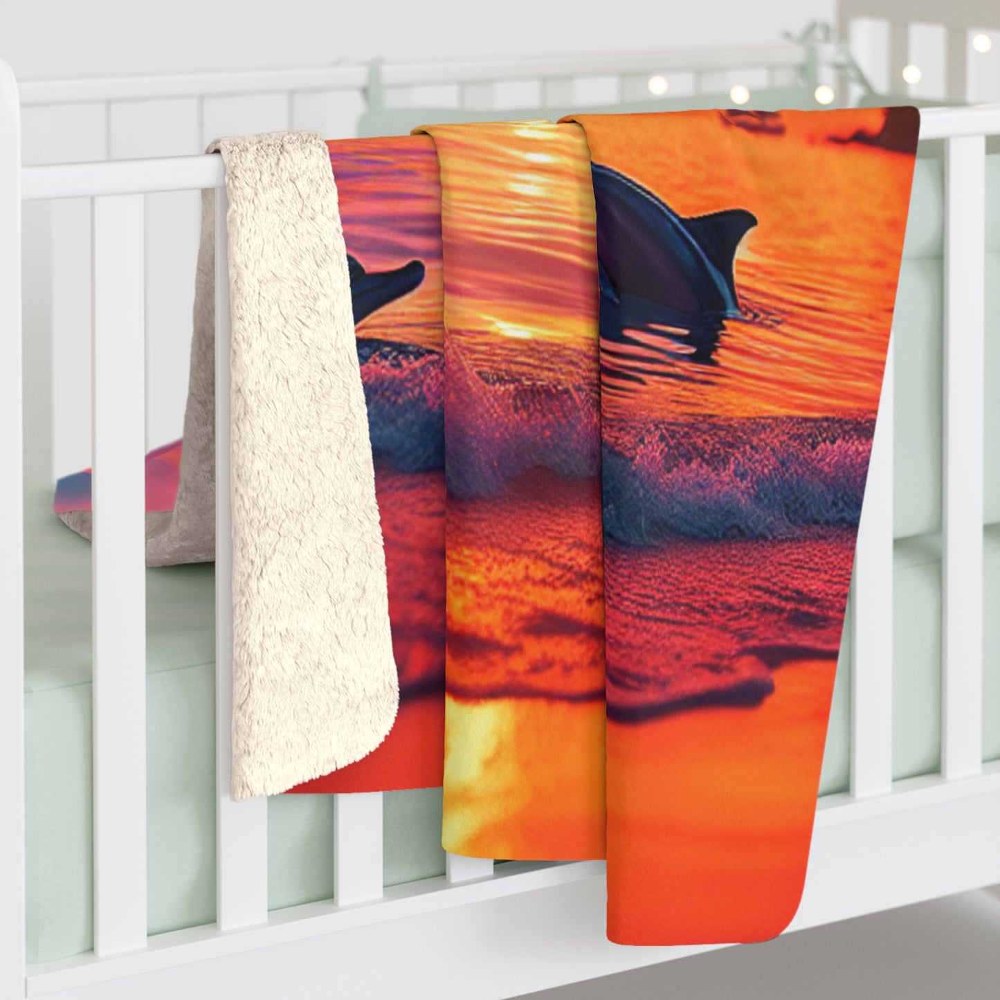 Sherpa Fleece Blanket -Angel Number 11111 Tropical Beach Sunset with Dolphins, Palm Trees, Sailboats, Spiritual Journey Gifts, Trust in