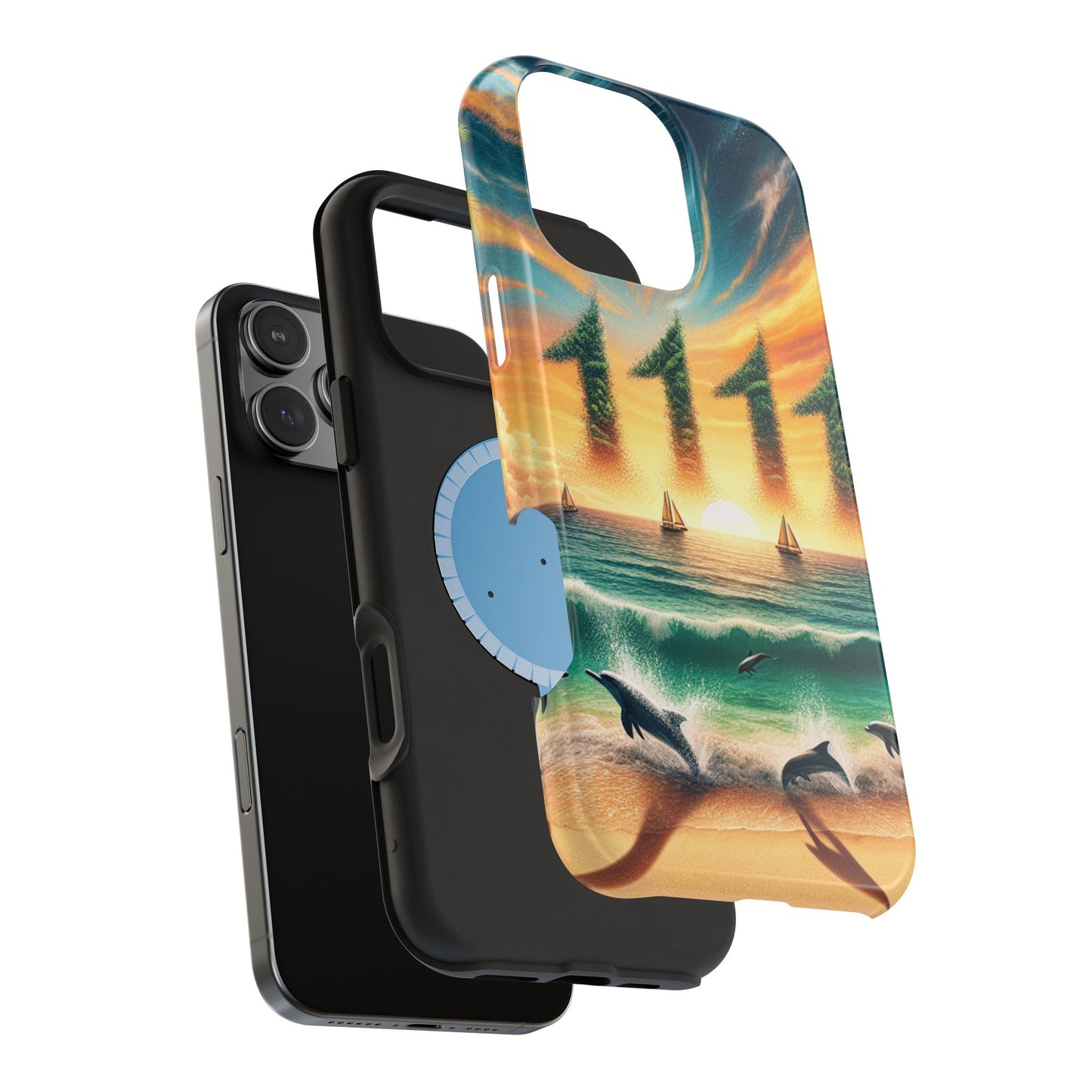 Magnetic Tough Phone case for phone 16 15 14 13 Pro Plus and Max  1111 "Paradise Lost in Dusk" - Tough Phone Case with Tropical Beach Sunset Dolphins ande Sailboats HD Art