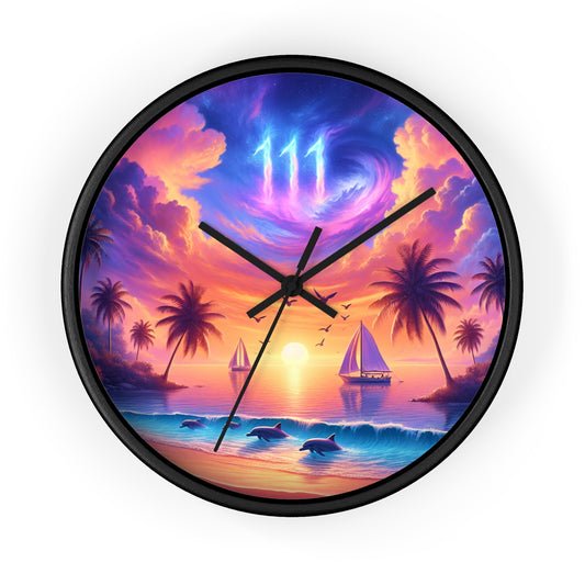 10" Wall Clock "Dolphin Serenity: A Tropical Sunset Symphony" -  1111 Tropical Beach at Sunset with Palm Trees, Dolphins, and Sailboats