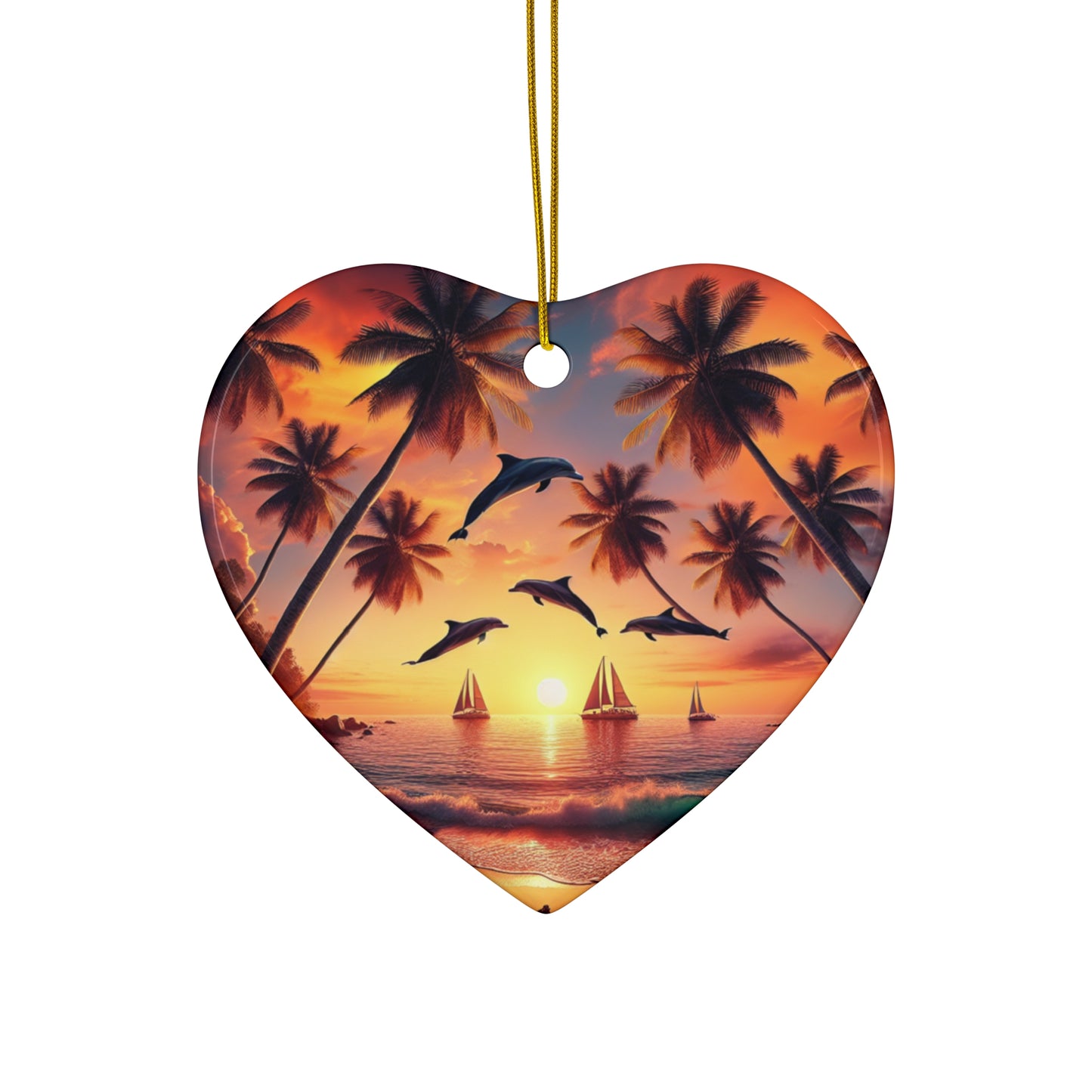 Ceramic Ornament Star, Heart, Snowflake or Circle 1111 "Paradise Bask: An Enchanting Tropical Sundown" - Tropical Beach Sunset with Palm Trees, Dolphins, and Sailboats