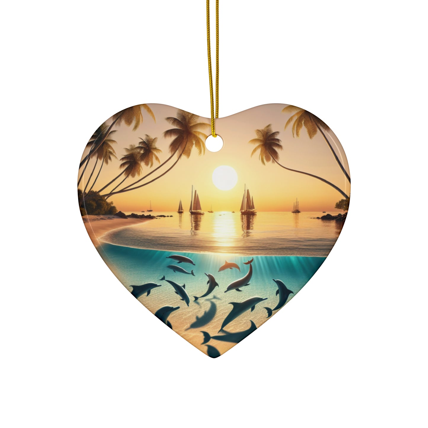 Ceramic Ornament Star, Heart, Snowflake or Circle 1111 "Paradise Serenade: A Tropical Sundown Symphony" - Tropical Beach Sunset with Palm Trees, Dolphins, and Sailboats