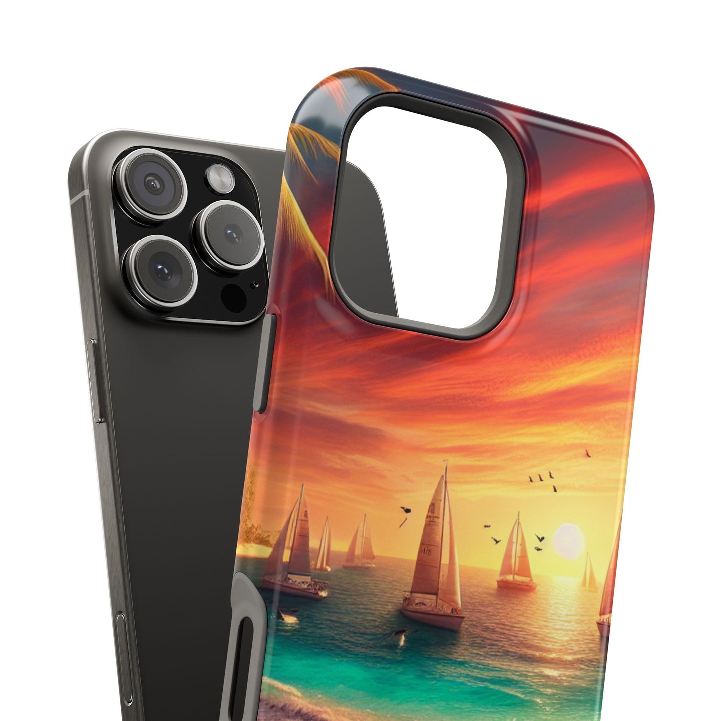 Magnetic Iphone 16 15 14 14 Pro and Max 1111 "Paradise Twilight: An Ode to Tropical Serenity" - Tough Phone Case with Tropical Beach Sunset Dolphins ande Sailboats HD Art