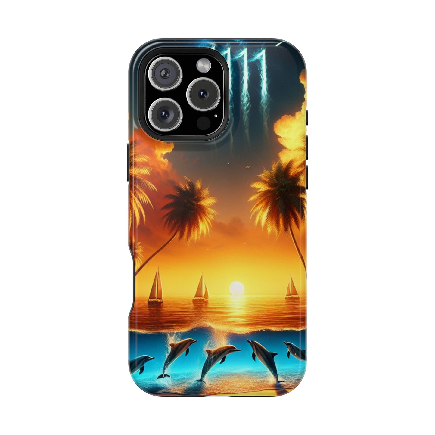 Magnetic Tough Cases - Tropical Sunset Beach Dolphins Art Phone Case, Iphone 13-16 Pro Plus, Max 1111, Paradise Unveiled. Protective,