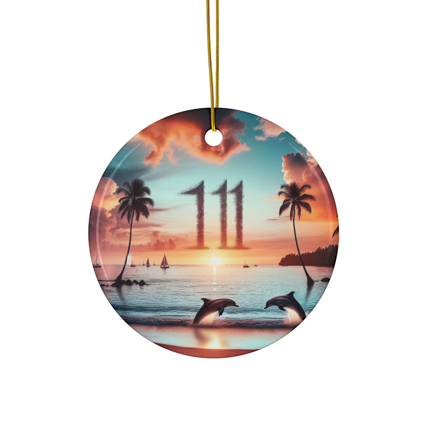 Ceramic Ornament Star, Heart, Snowflake or Circle 1111 "Paradise Twilight: A Tropical Beach Serenade" - Tropical Beach Sunset with Palm Trees