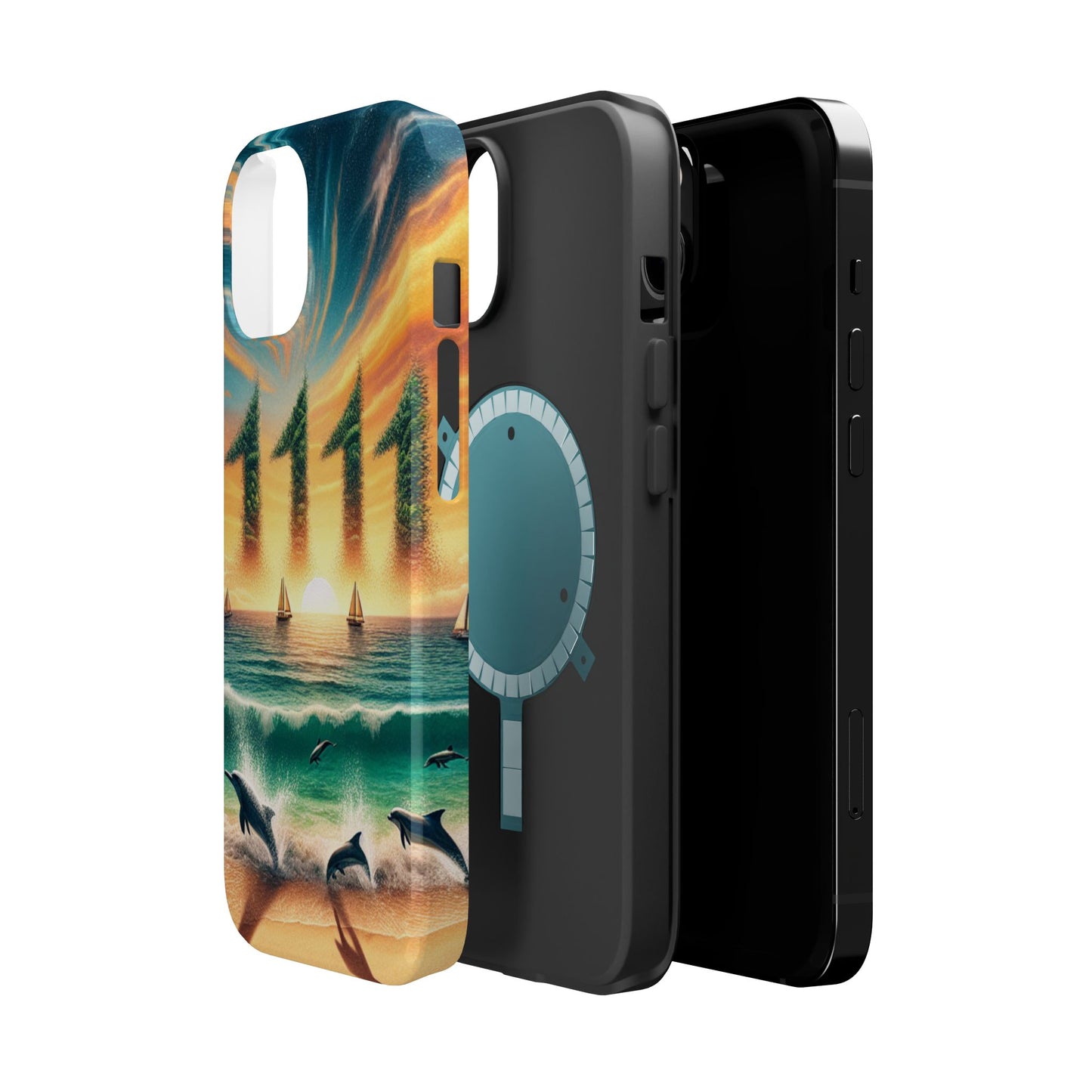 Magnetic Tough Phone case for phone 16 15 14 13 Pro Plus and Max  1111 "Paradise Lost in Dusk" - Tough Phone Case with Tropical Beach Sunset Dolphins ande Sailboats HD Art