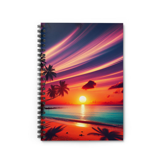 "Tropical Oasis: Sundown Serenity" - Spiral Notebook with Ruled Lines and Tropical Beach Sunset Palm Trees Art