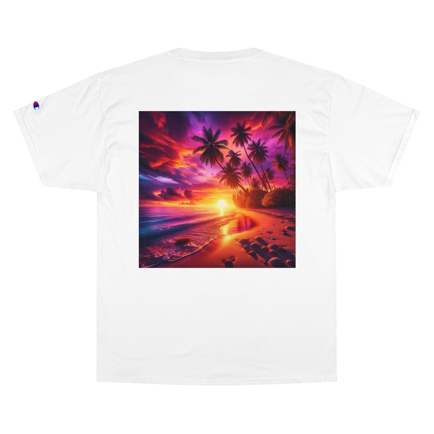 "Paradise Dusk: A Tropical Serenade" - Champion Tee Tropical Beach Sunset with Palm Trees