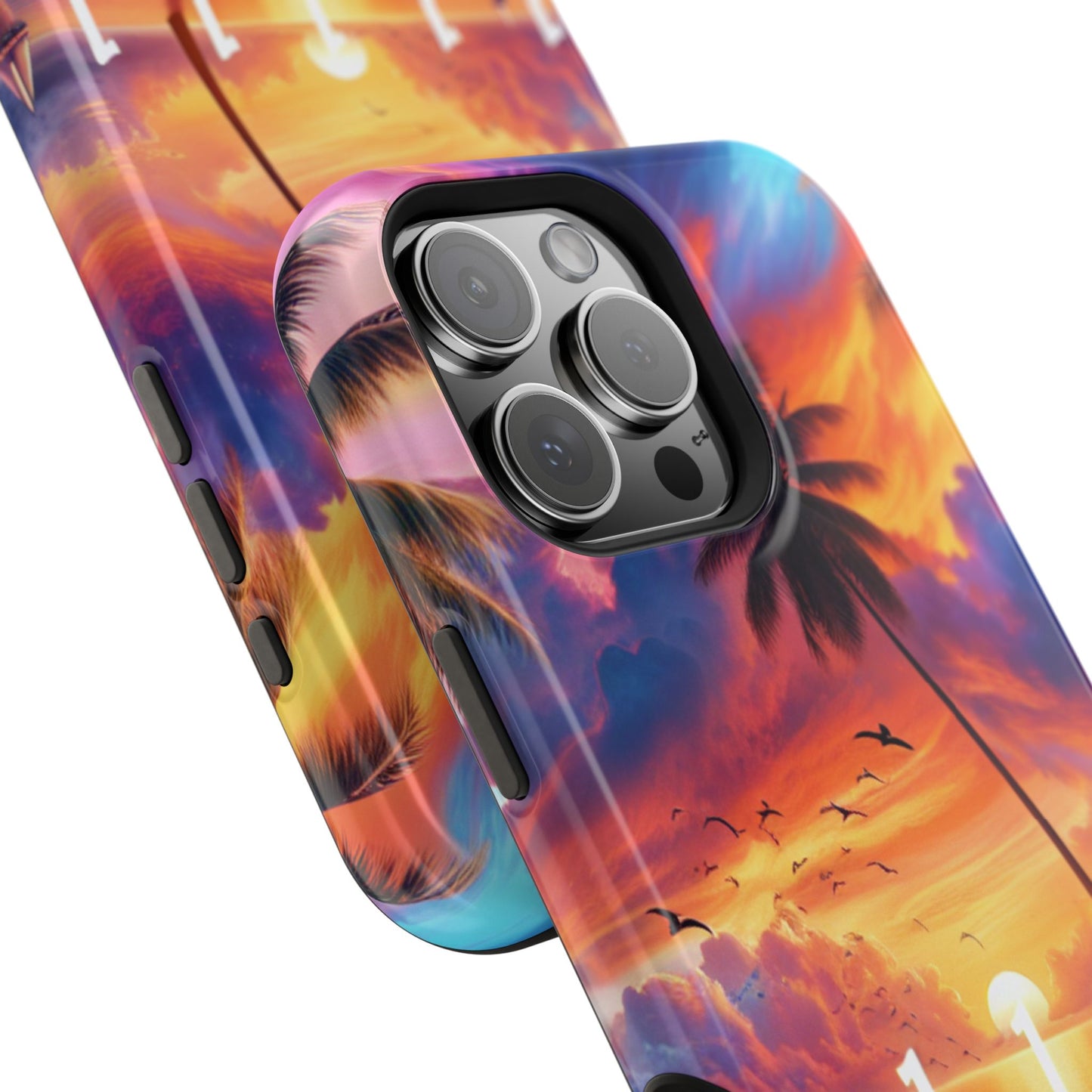 Magnetic Iphone 13-16 Pro and Max 1111 "Paradise At Dusk - A Tropical Serenity" - Tough Phone Case with Tropical Beach Sunset Dolphins ande Sailboats HD Art