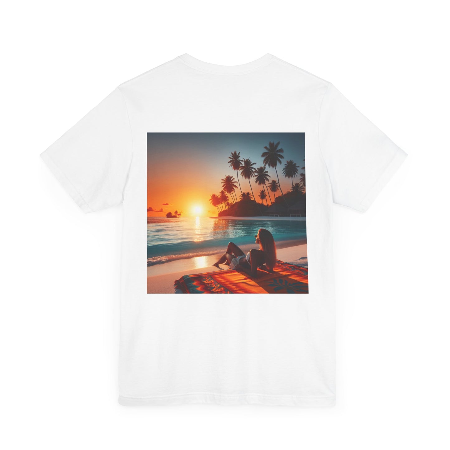 "Serene Solitude: An Exotic Sunset Symphony" - Tropical Beach Sunset with Palm Trees Unisex Jersey T-Shirt