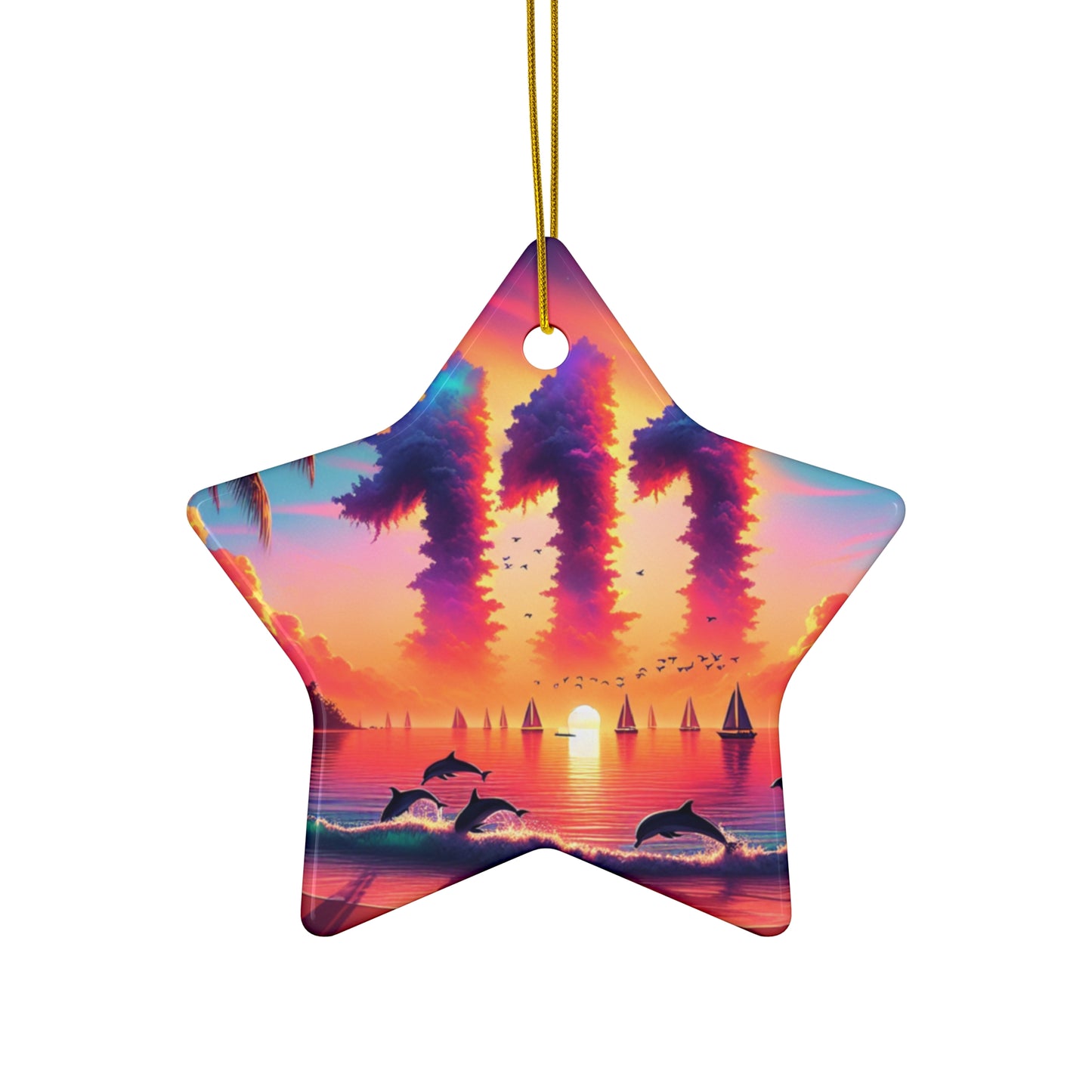 Ceramic Ornament Star, Heart, Snowflake or Circle 1111 "Paradise Dusk: An Ode to the Tropical Serenity" - Tropical Beach Sunset with Palm Trees, Dolphins, and Sailboats